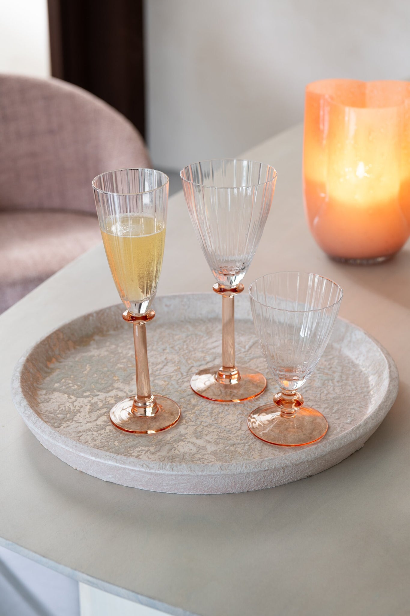 J-Line verre à champagne rayé transparent/rose saumon
