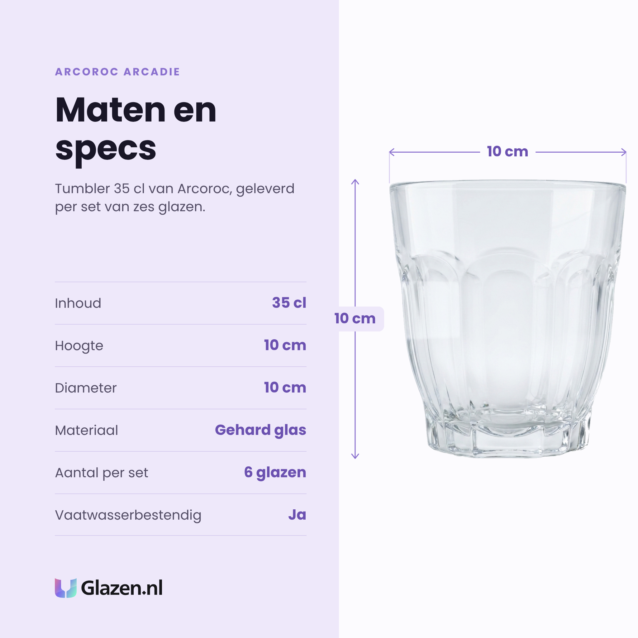 Arcoroc Arcadie tumbler 35 cl specificaties: inhoud 35 cl, hoogte 10 cm, diameter 10 cm, gehard glas, set van 6