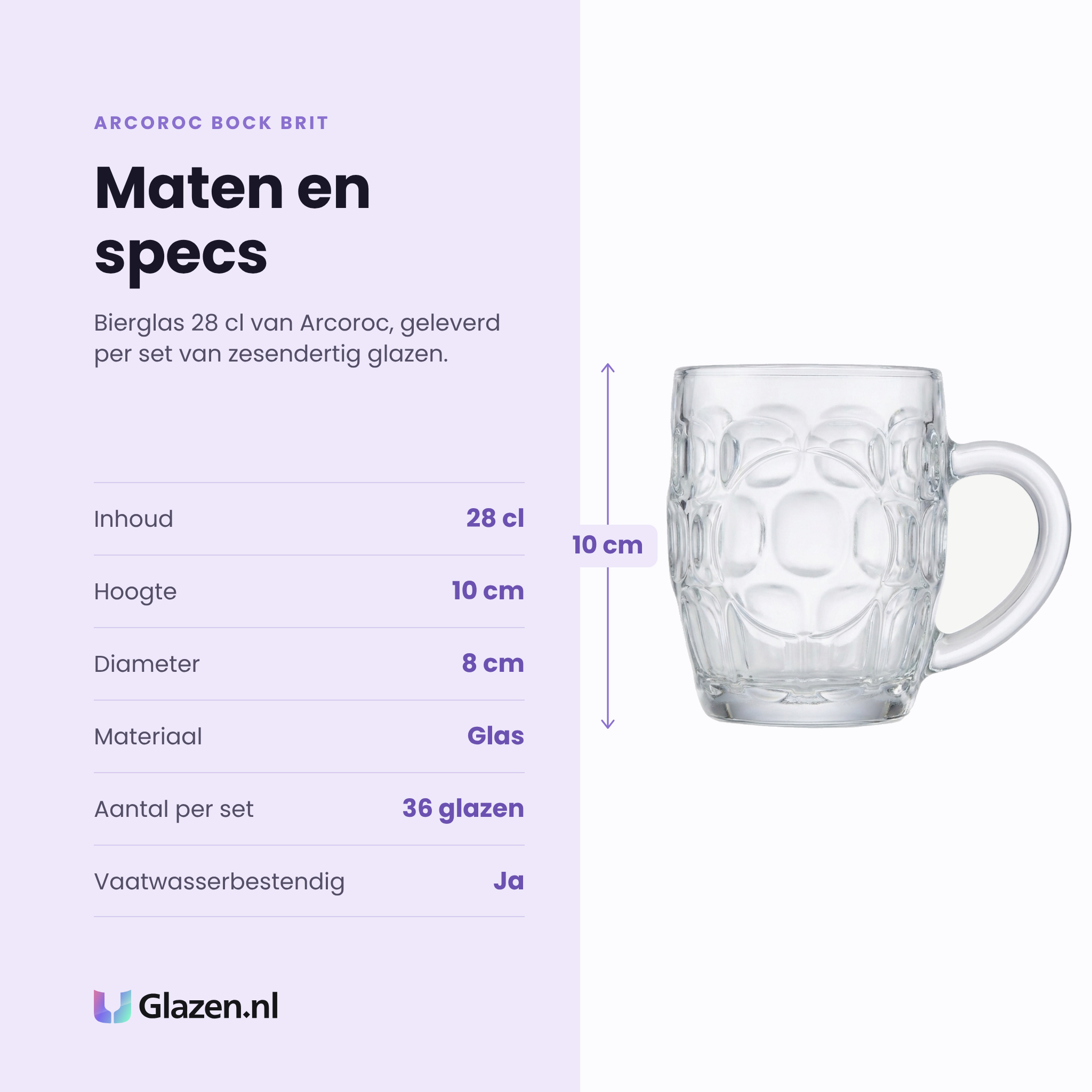Arcoroc Bock Brit bierglas 28 cl specificaties: inhoud 28 cl, hoogte 10 cm, diameter 8 cm, glas, set van 36