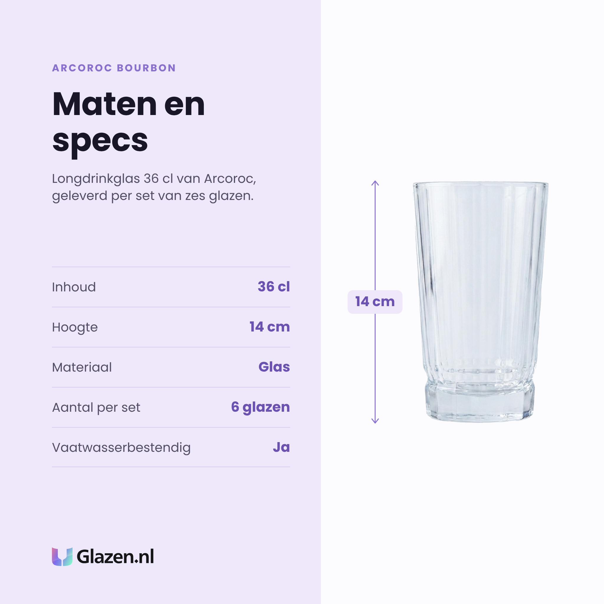 Arcoroc Bourbon longdrinkglas 36 cl specificaties: inhoud 36 cl, hoogte 14 cm, glas, set van 6