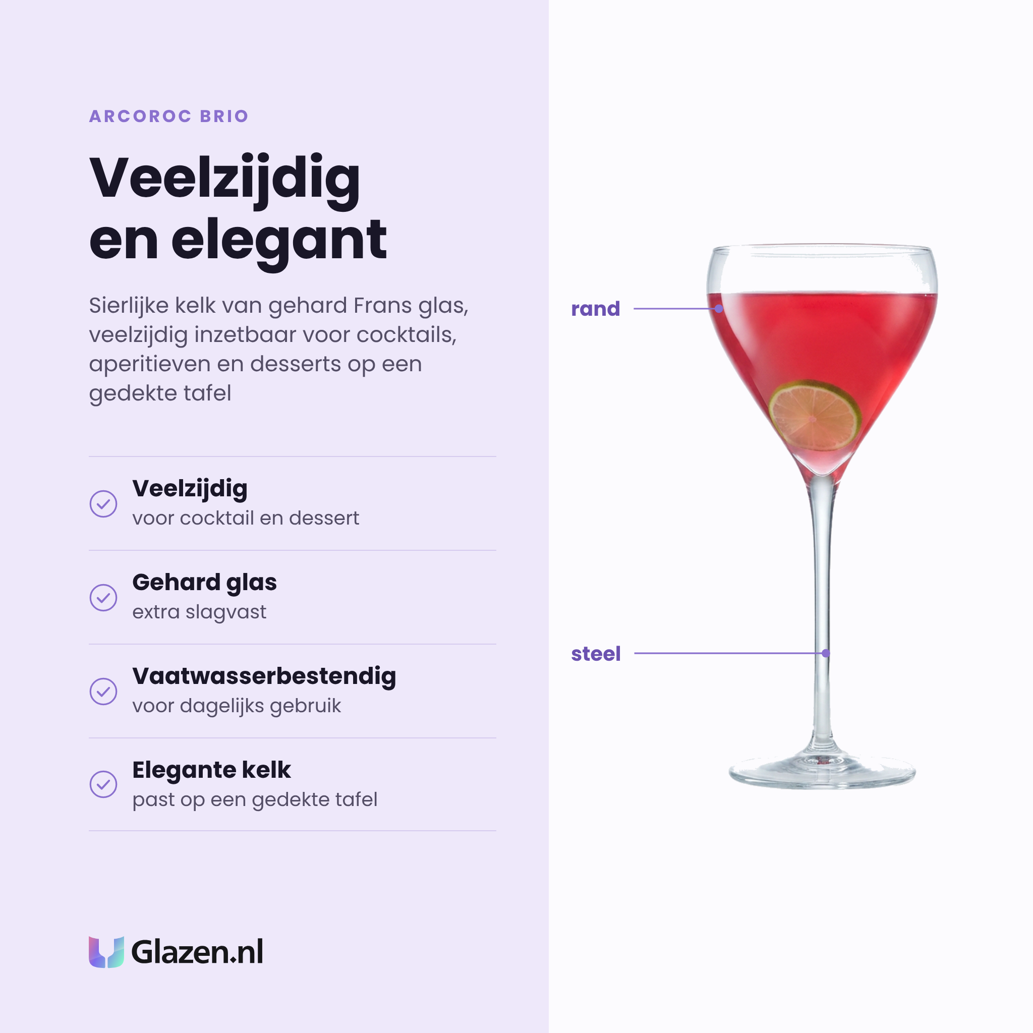 Arcoroc Brio cocktailglas 20 cl eigenschappen: veelzijdig, gehard glas, vaatwasserbestendig, elegante kelk