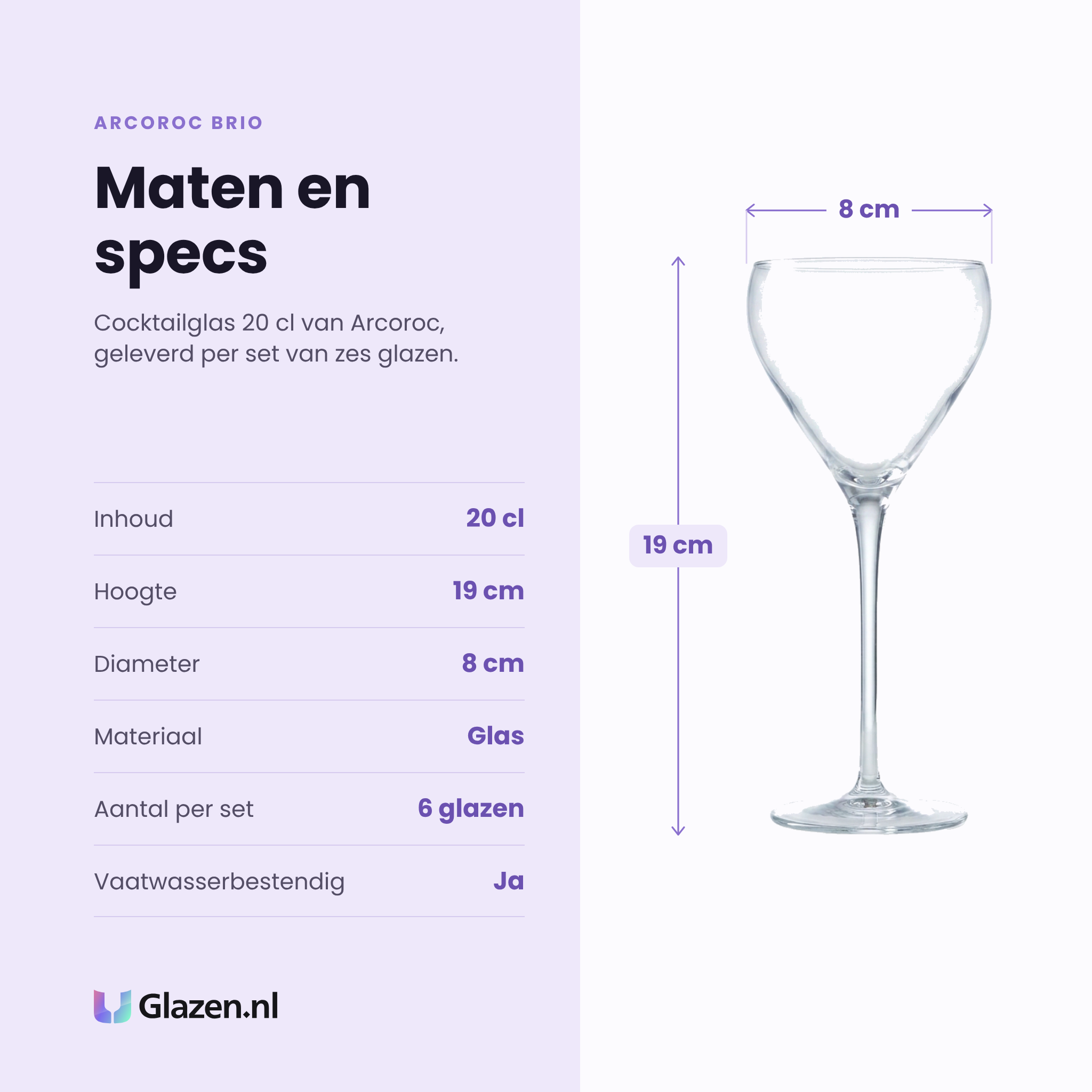 Arcoroc Brio cocktailglas 20 cl specificaties: inhoud 20 cl, hoogte 19 cm, diameter 8 cm, glas, set van 6