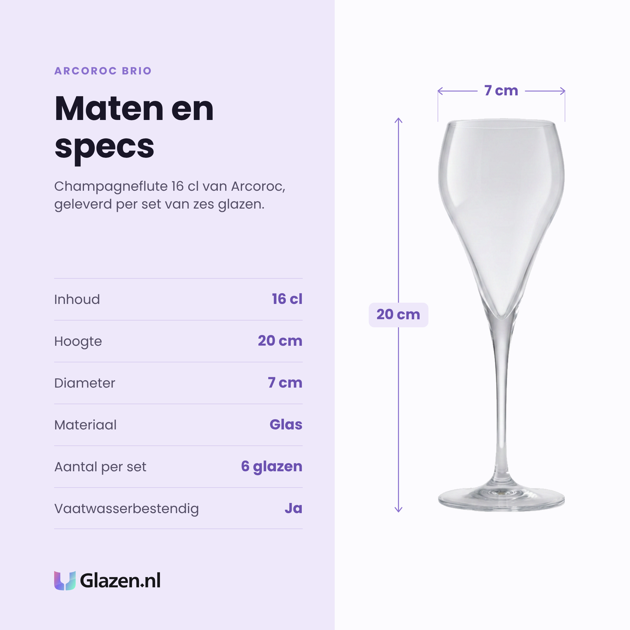 Arcoroc Brio champagneglas 16 cl specificaties: inhoud 16 cl, hoogte 20 cm, diameter 7 cm, glas, set van 6