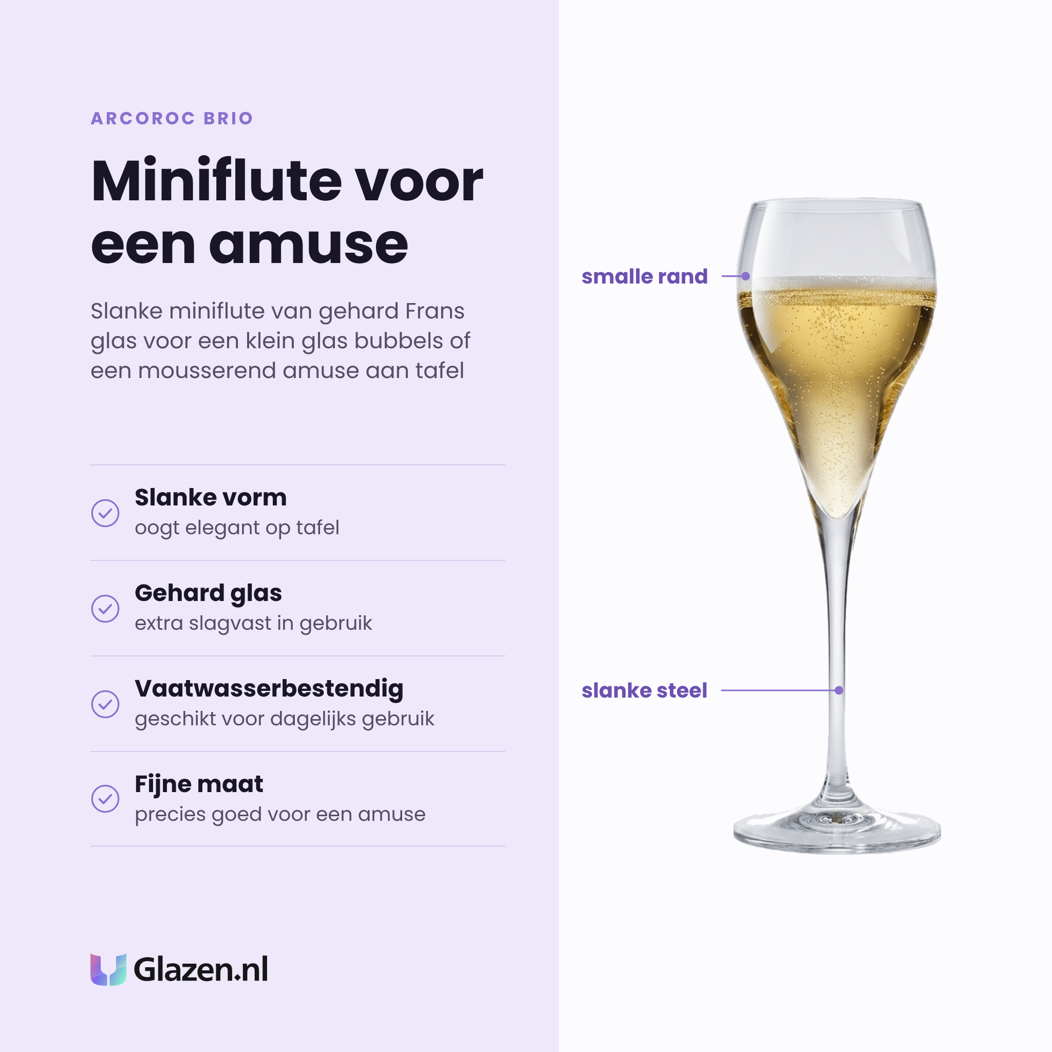 Arcoroc Brio champagneglas 9,5 cl eigenschappen: slanke vorm, gehard glas, vaatwasserbestendig, fijne maat voor een amuse