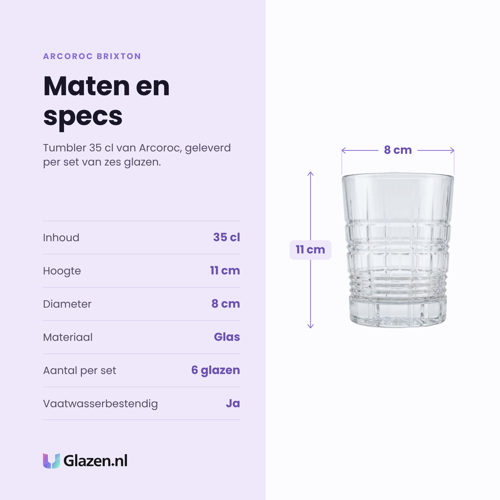 Arcoroc Brixton tumbler 35 cl specificaties: inhoud 35 cl, hoogte 11 cm, diameter 8 cm, glas, set van 6