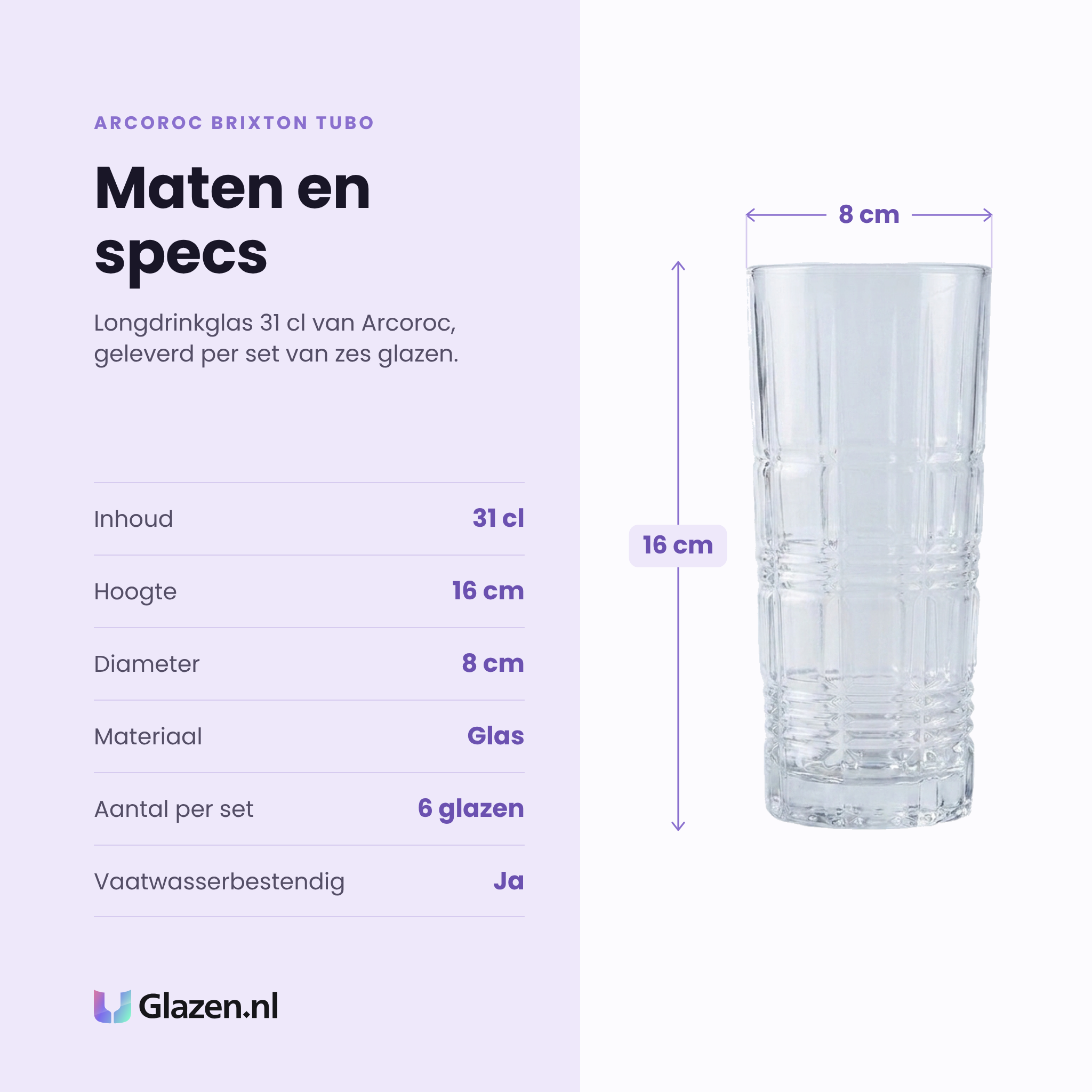 Arcoroc Brixton Tubo longdrinkglas 31 cl specificaties: inhoud 31 cl, hoogte 16 cm, diameter 8 cm, glas, set van 6