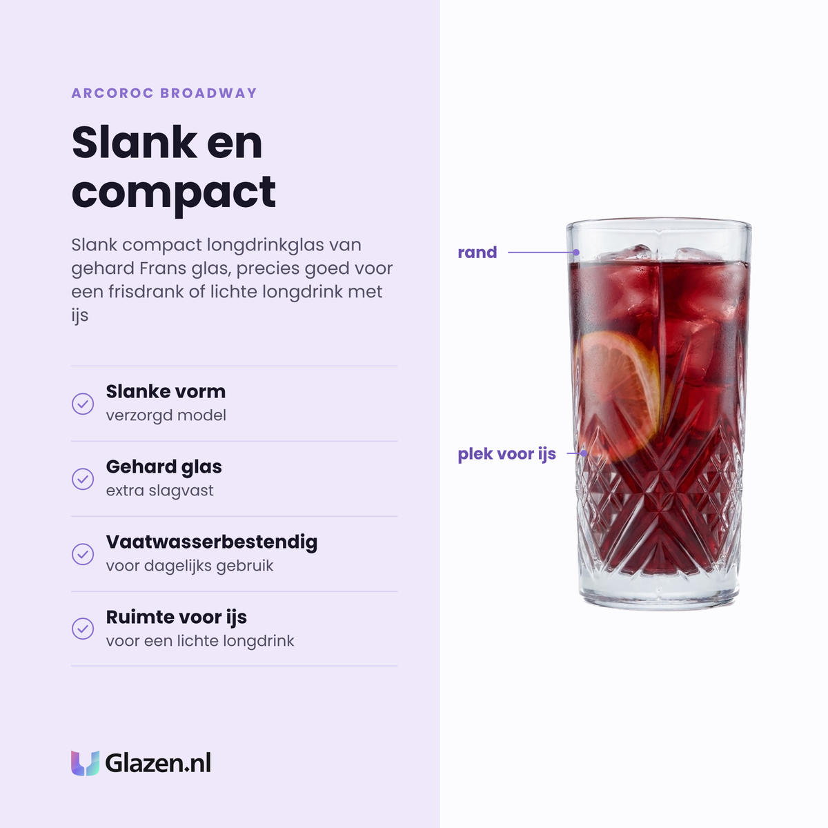 Arcoroc Broadway longdrinkglas 28 cl eigenschappen: slanke verzorgde vorm, gehard glas, vaatwasserbestendig, ruimte voor ijs