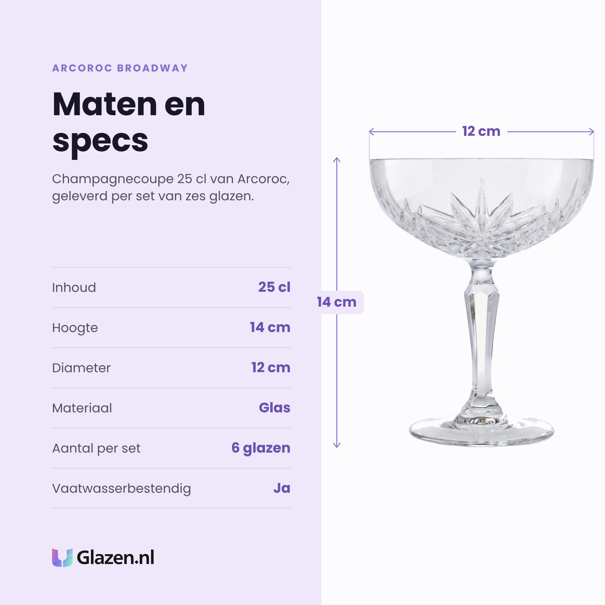 Arcoroc Broadway champagnecoupe 25 cl specificaties: inhoud 25 cl, hoogte 14 cm, diameter 12 cm, glas, set van 6