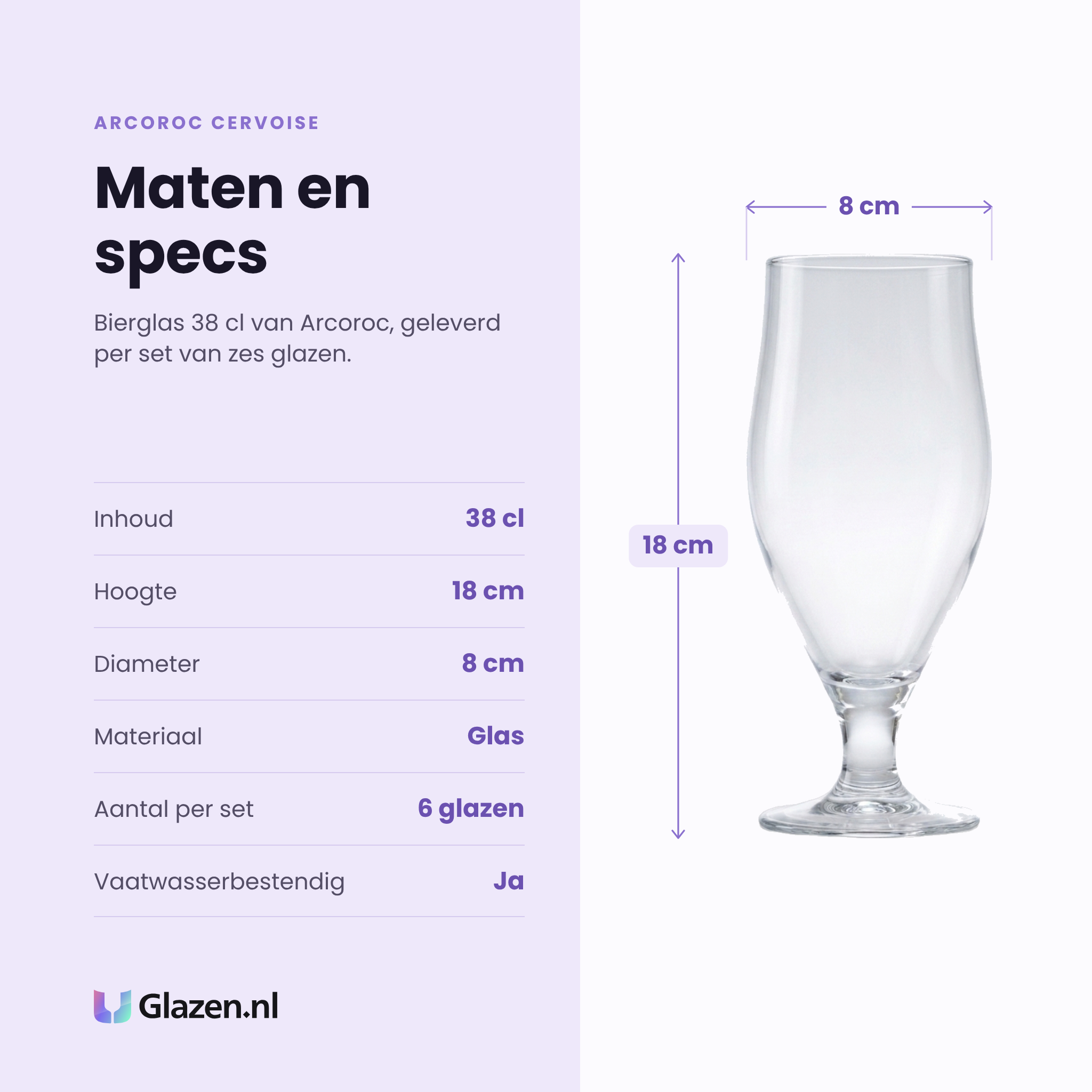Arcoroc Cervoise bierglas 38 cl specificaties: inhoud 38 cl, hoogte 18 cm, diameter 8 cm, glas, set van 6