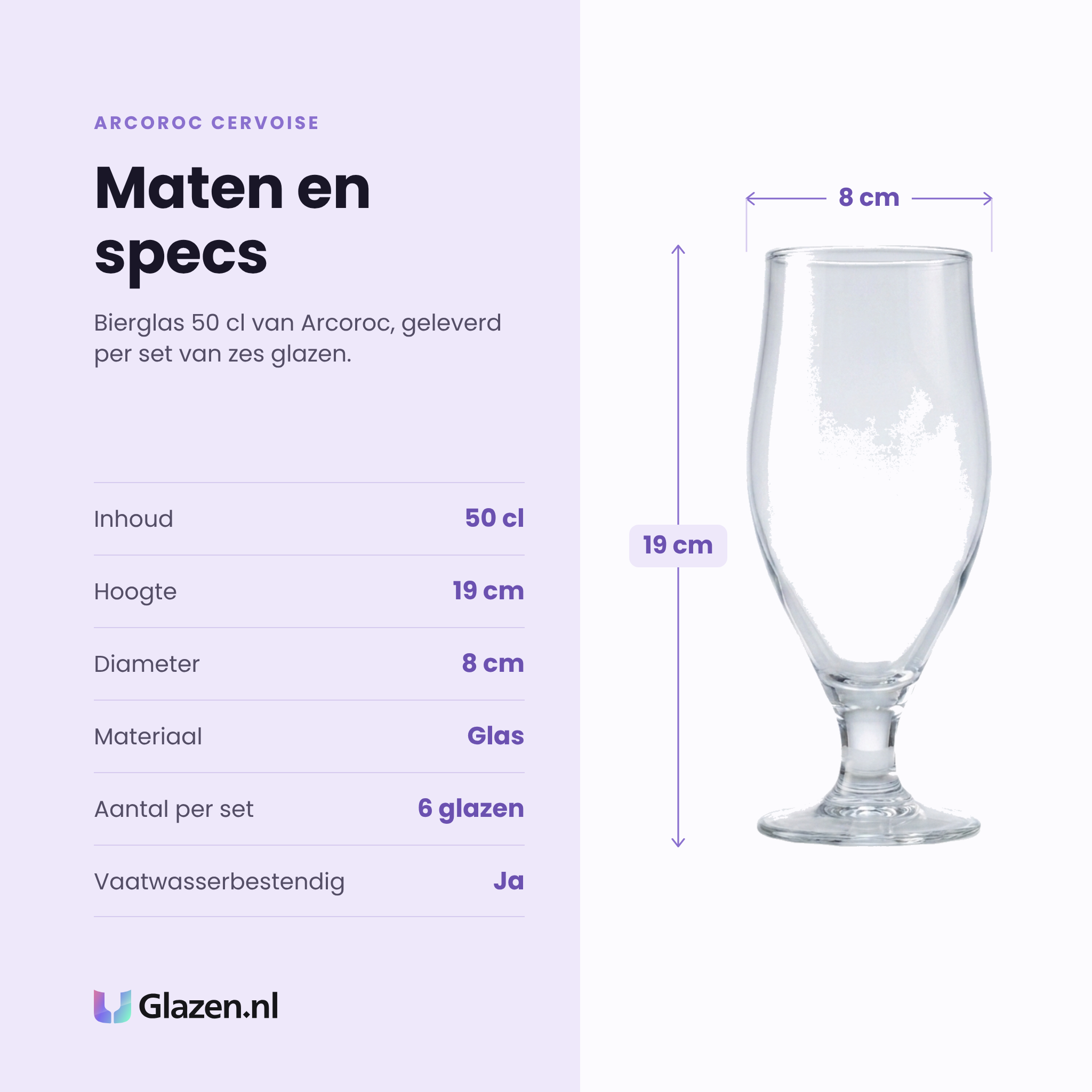 Arcoroc Cervoise bierglas 50 cl specificaties: inhoud 50 cl, hoogte 19 cm, diameter 8 cm, glas, set van 6