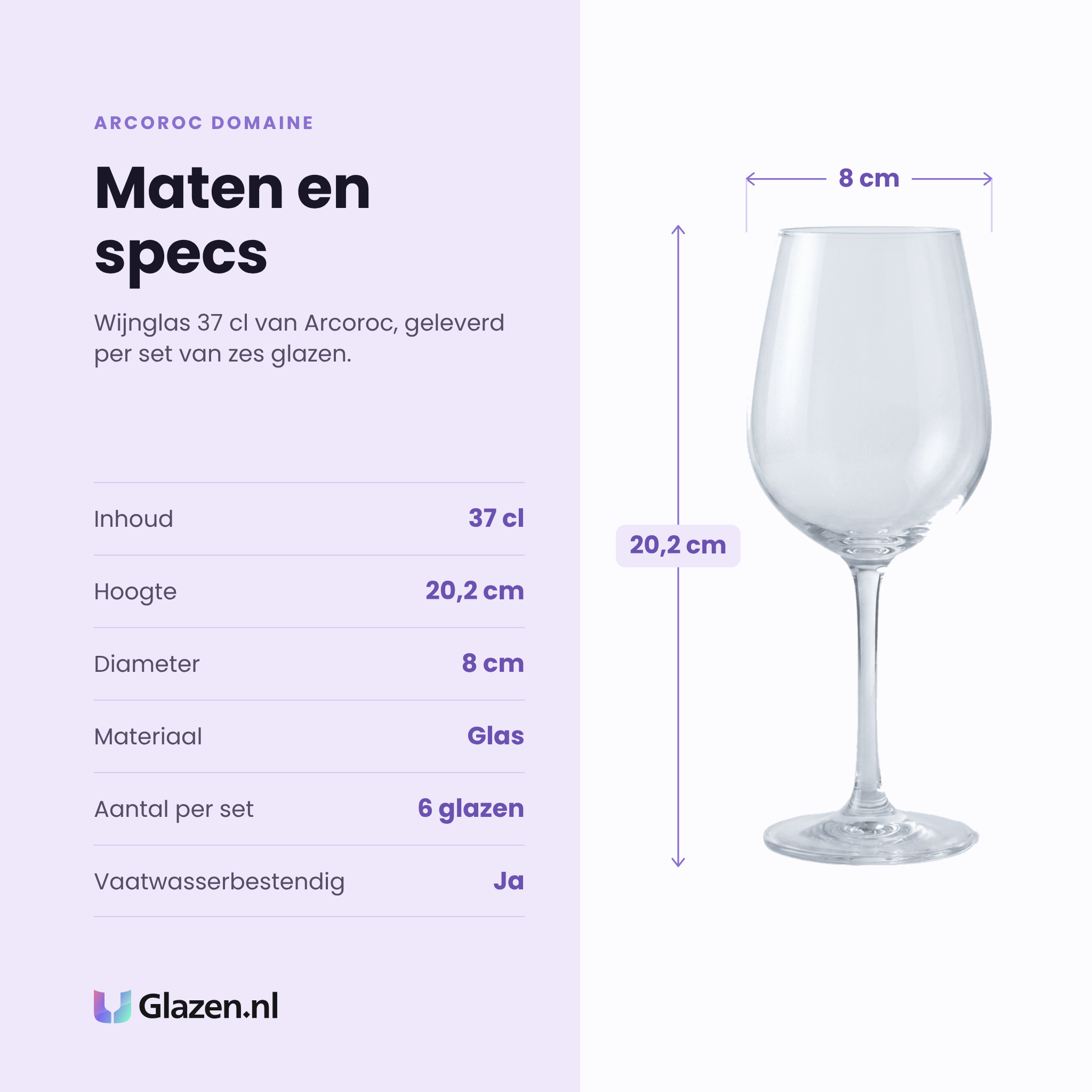 Arcoroc Domaine wijnglas 37 cl specificaties: inhoud 37 cl, hoogte 20,2 cm, diameter 8 cm, glas, set van 6