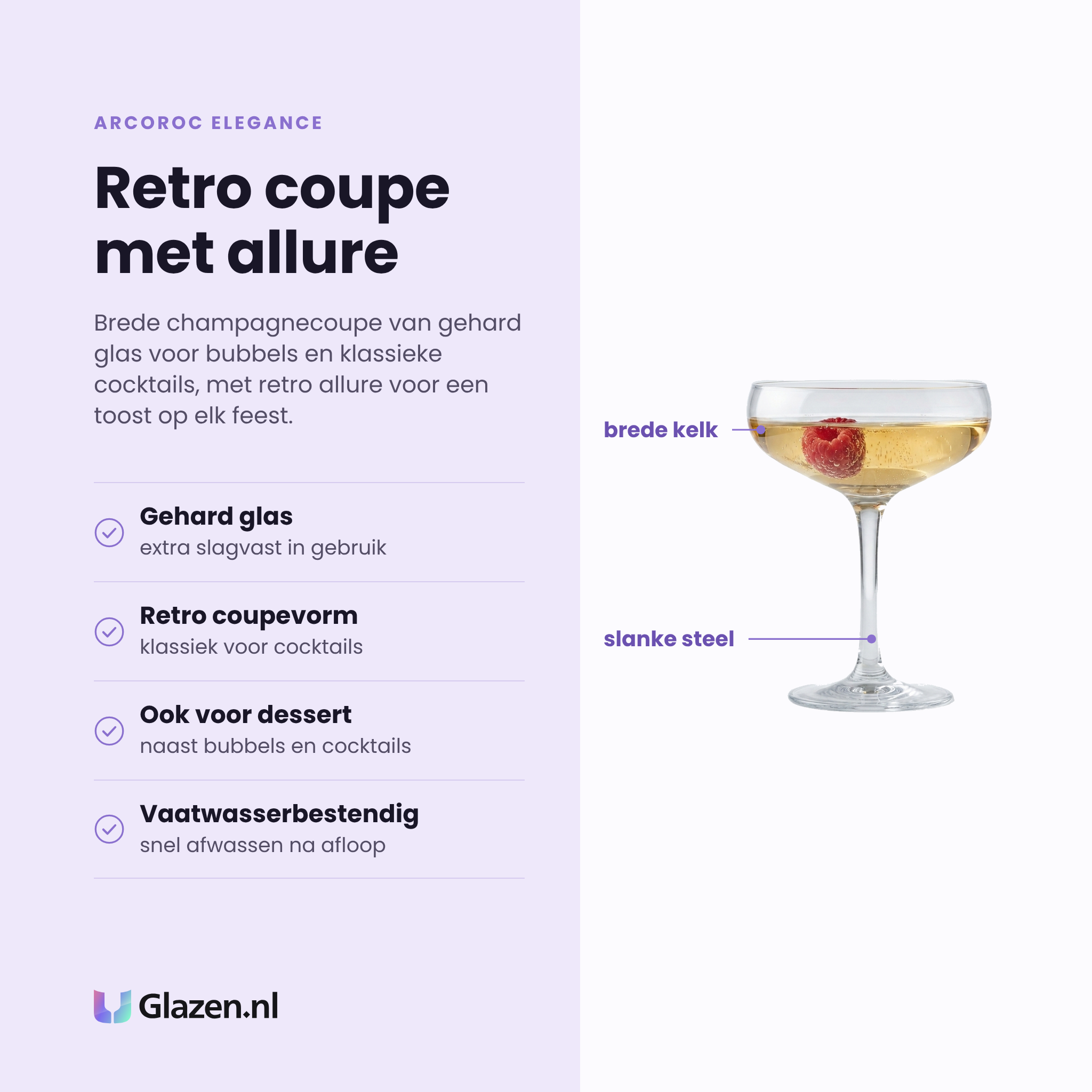 Arcoroc Elegance champagnecoupe 16 cl eigenschappen: gehard glas, retro coupevorm, ook voor dessert, vaatwasserbestendig
