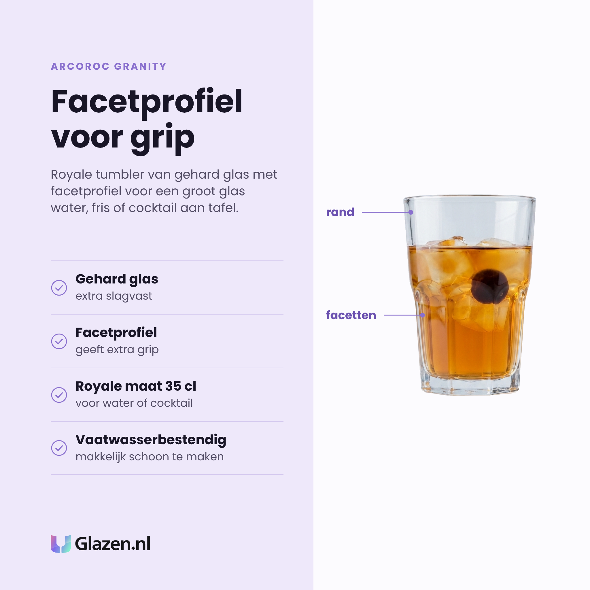 Arcoroc Granity tumbler 35 cl eigenschappen: gehard glas, facetprofiel voor grip, royale maat, vaatwasserbestendig