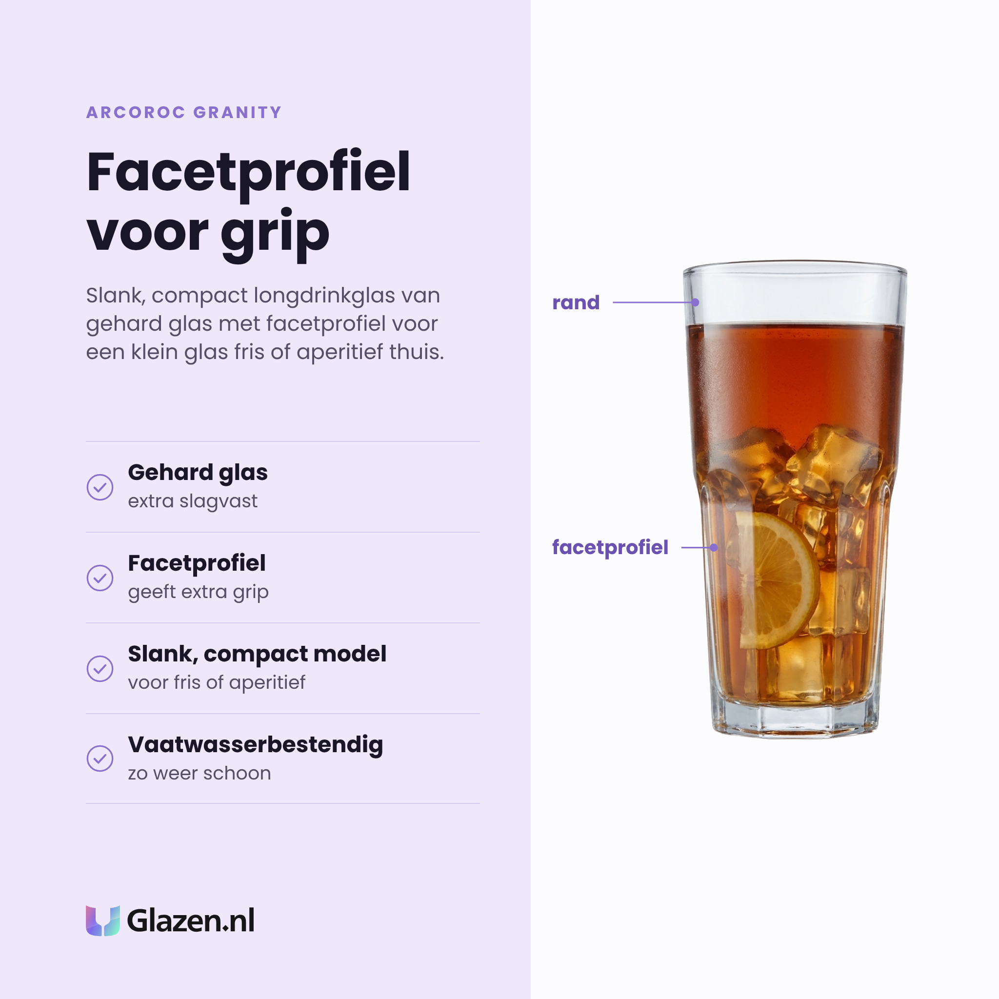 Arcoroc Granity longdrinkglas 20 cl eigenschappen: gehard glas, facetprofiel geeft grip, slank compact model, vaatwasserbestendig