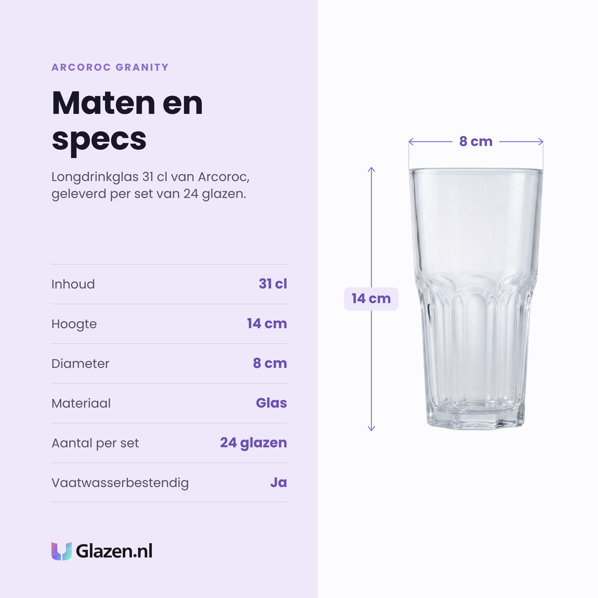 Arcoroc Granity longdrinkglas 31 cl specificaties: inhoud 31 cl, hoogte 14 cm, diameter 8 cm, glas, set van 24