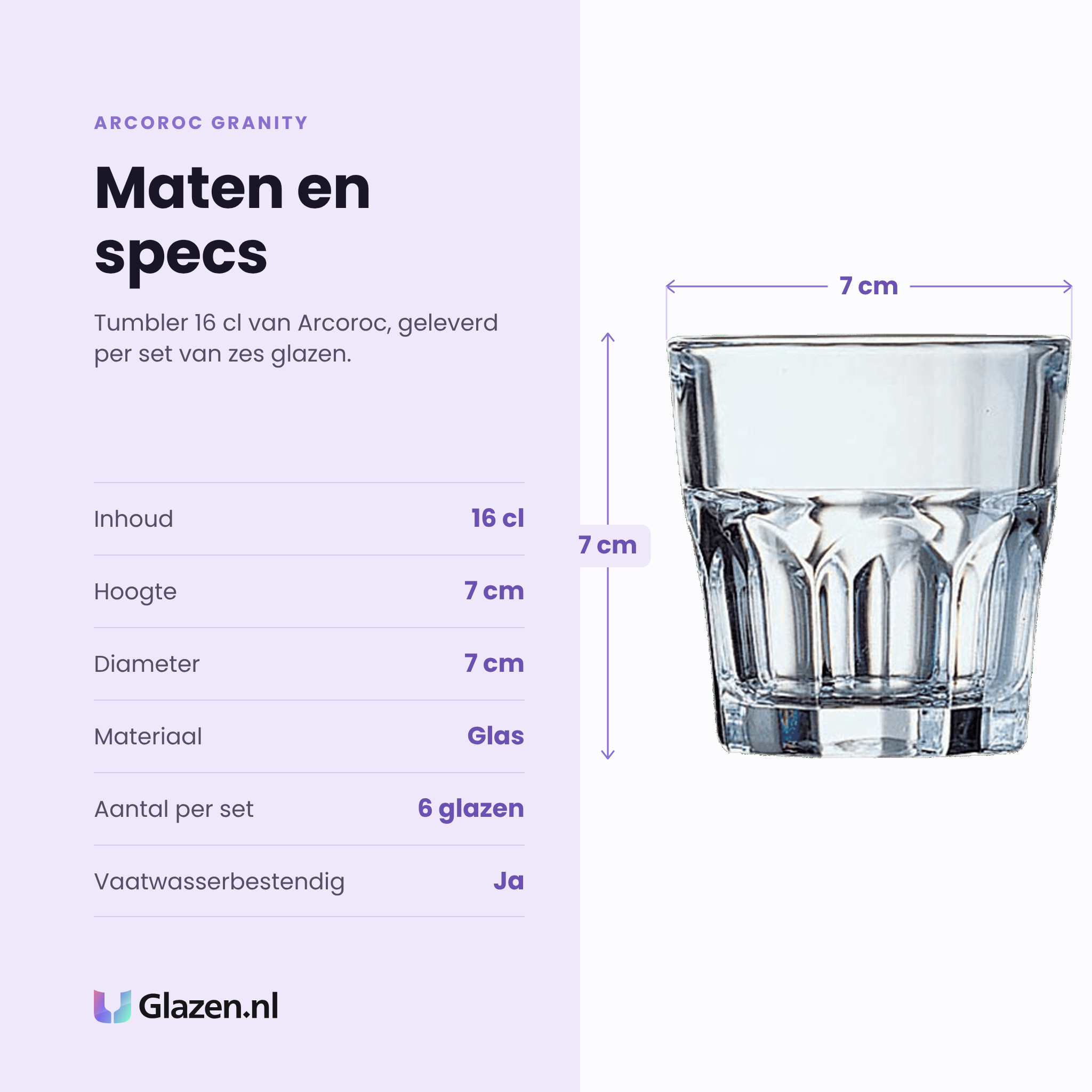 Arcoroc Granity tumbler 16 cl specificaties: inhoud 16 cl, hoogte 7 cm, diameter 7 cm, glas, set van 6