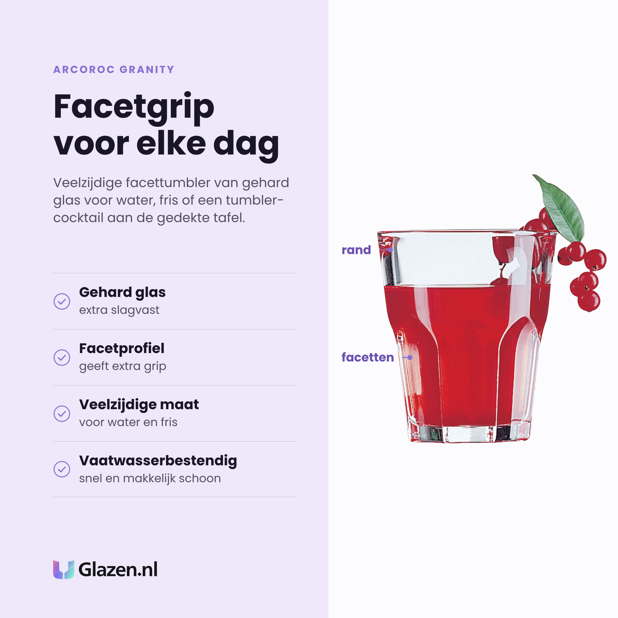 Arcoroc Granity tumbler 27 cl eigenschappen: gehard glas, facetprofiel geeft grip, veelzijdige maat, vaatwasserbestendig
