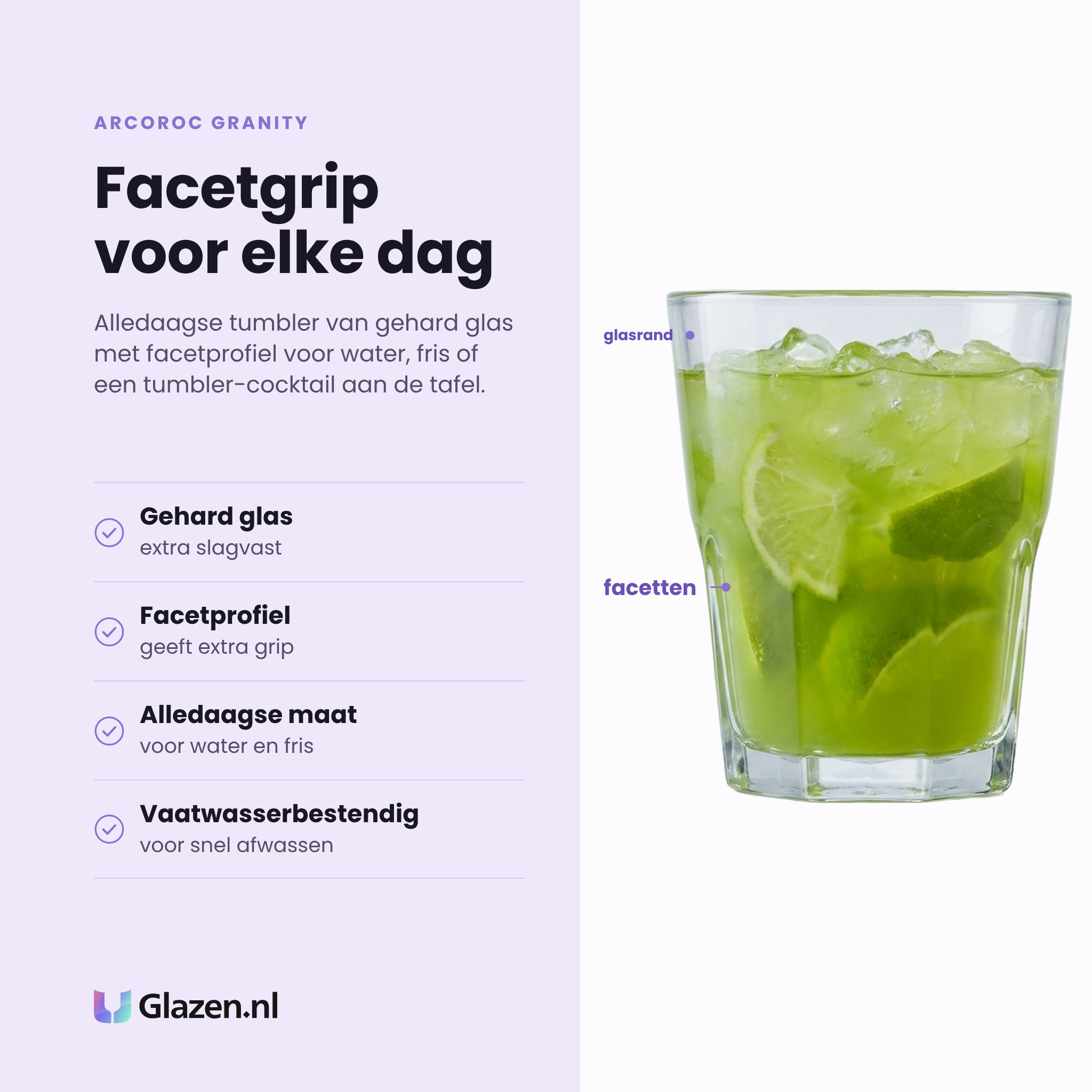 Arcoroc Granity tumbler 30 cl eigenschappen: gehard glas, facetprofiel met extra grip, alledaagse maat, vaatwasserbestendig