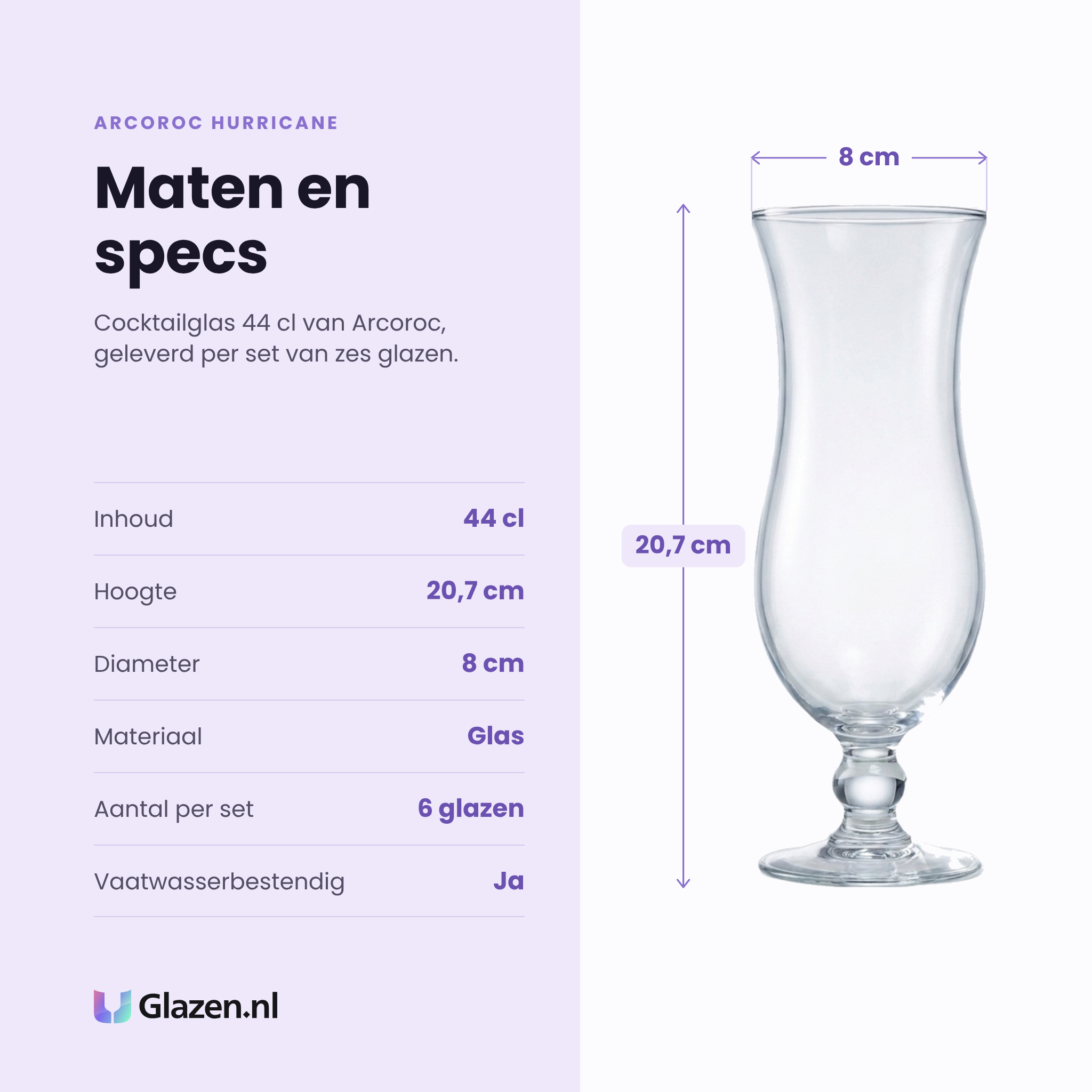 Arcoroc Hurricane cocktailglas 44 cl specificaties: inhoud 44 cl, hoogte 20,7 cm, diameter 8 cm, glas, set van 6