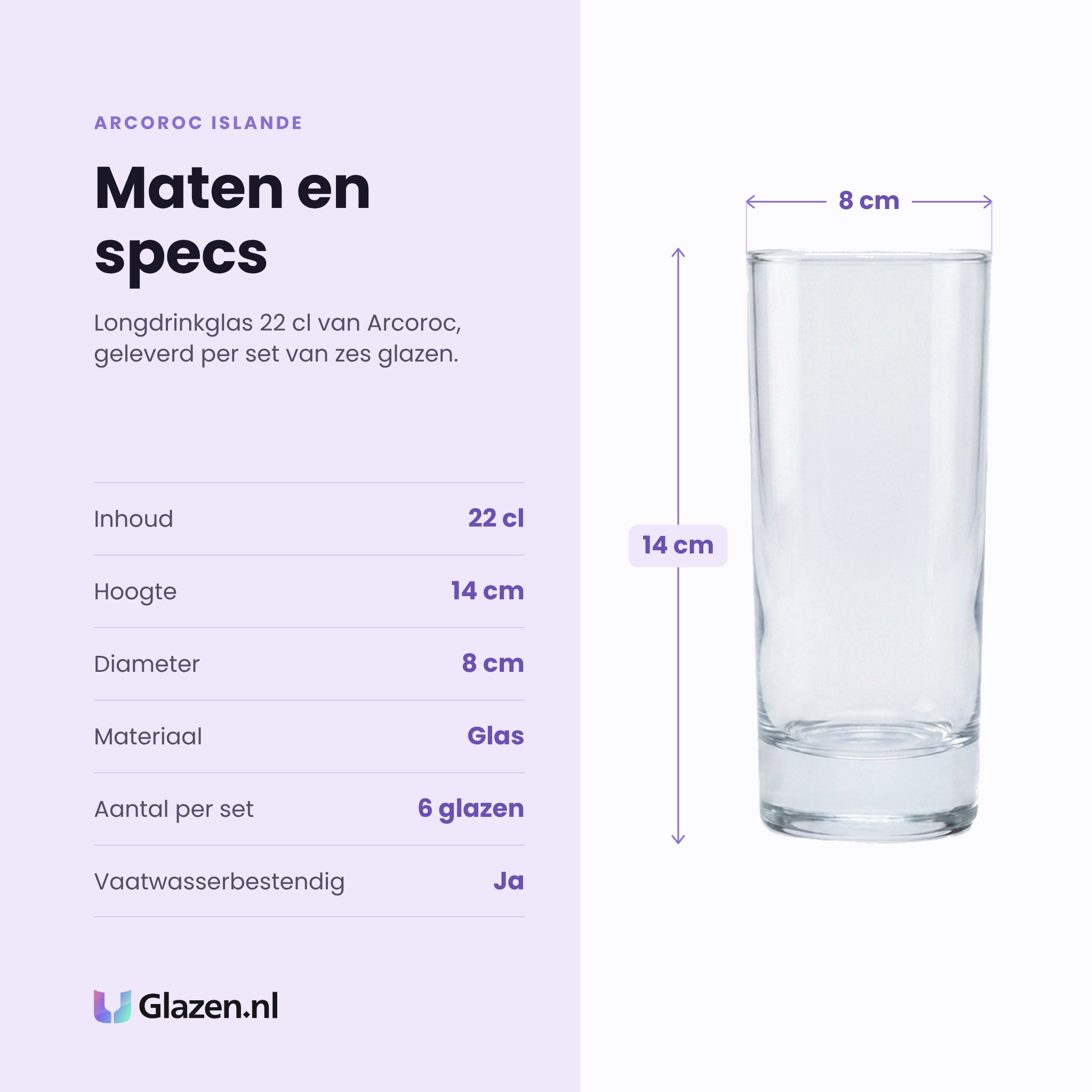 Arcoroc Islande longdrinkglas 22 cl specificaties: inhoud 22 cl, hoogte 14 cm, diameter 8 cm, glas, set van 6