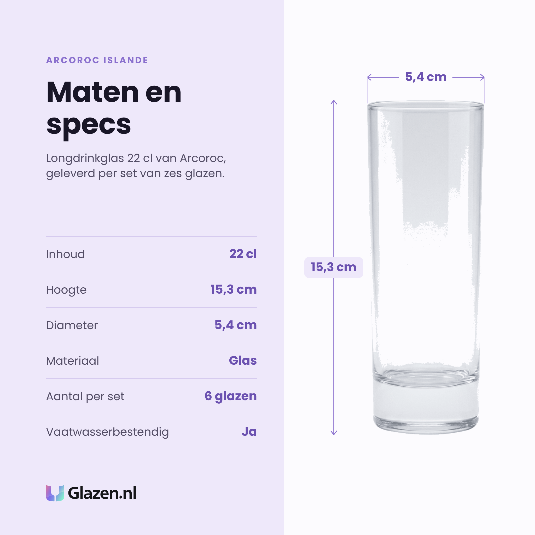 Arcoroc Islande longdrinkglas 22 cl Tubo specificaties: inhoud 22 cl, hoogte 15,3 cm, diameter 5,4 cm, glas, set van 6