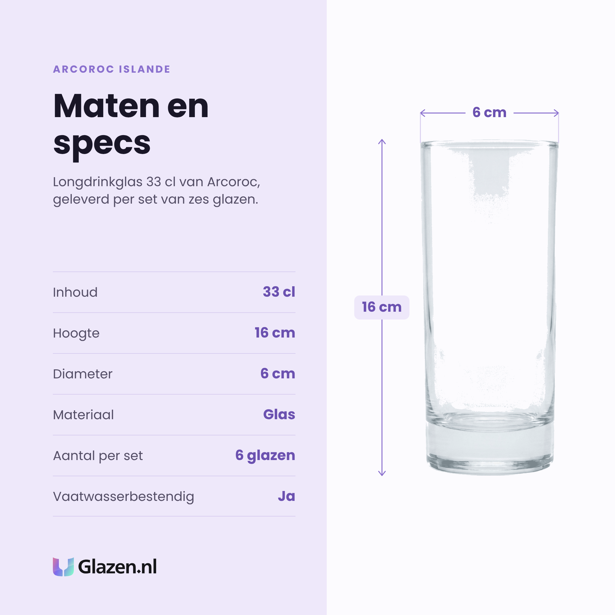Arcoroc Islande longdrinkglas 33 cl specificaties: inhoud 33 cl, hoogte 16 cm, diameter 6 cm, glas, set van 6