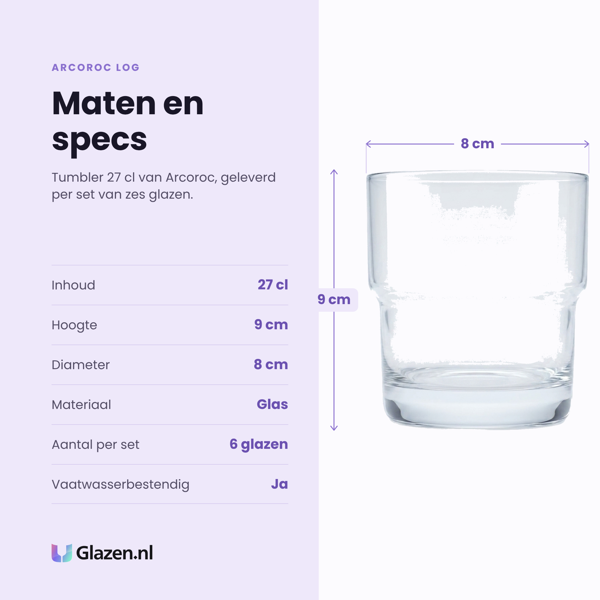 Arcoroc Log tumbler 27 cl specificaties: inhoud 27 cl, hoogte 9 cm, diameter 8 cm, glas, set van 6