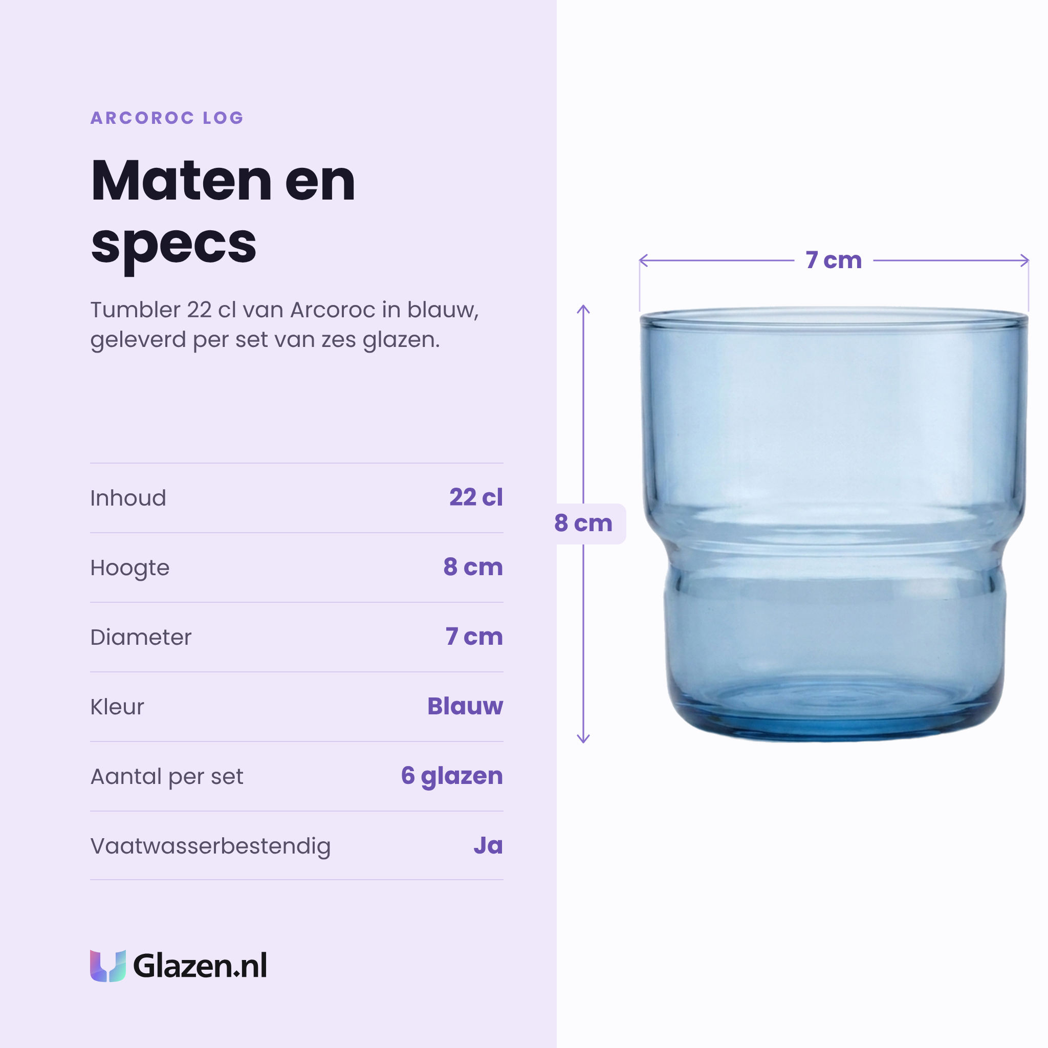 Arcoroc Log tumbler 22 cl blauw specificaties: inhoud 22 cl, hoogte 8 cm, diameter 7 cm, blauw glas, set van 6