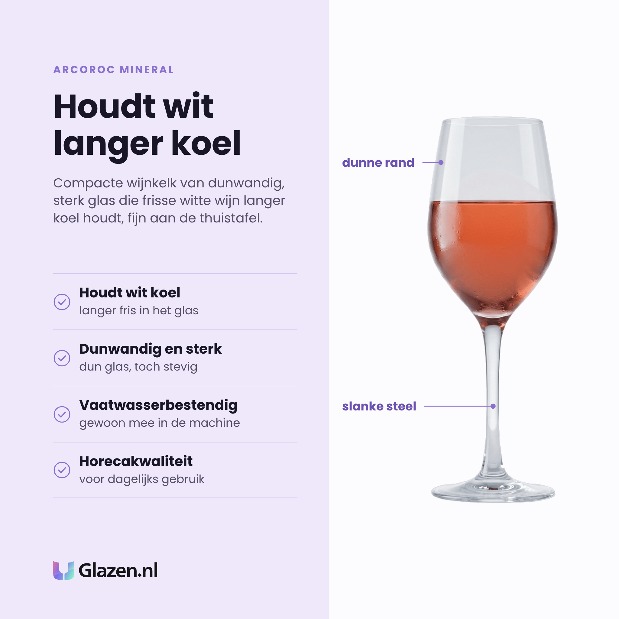 Arcoroc Mineral wijnglas 27 cl eigenschappen: houdt witte wijn koel, dunwandig en sterk, vaatwasserbestendig, horecakwaliteit
