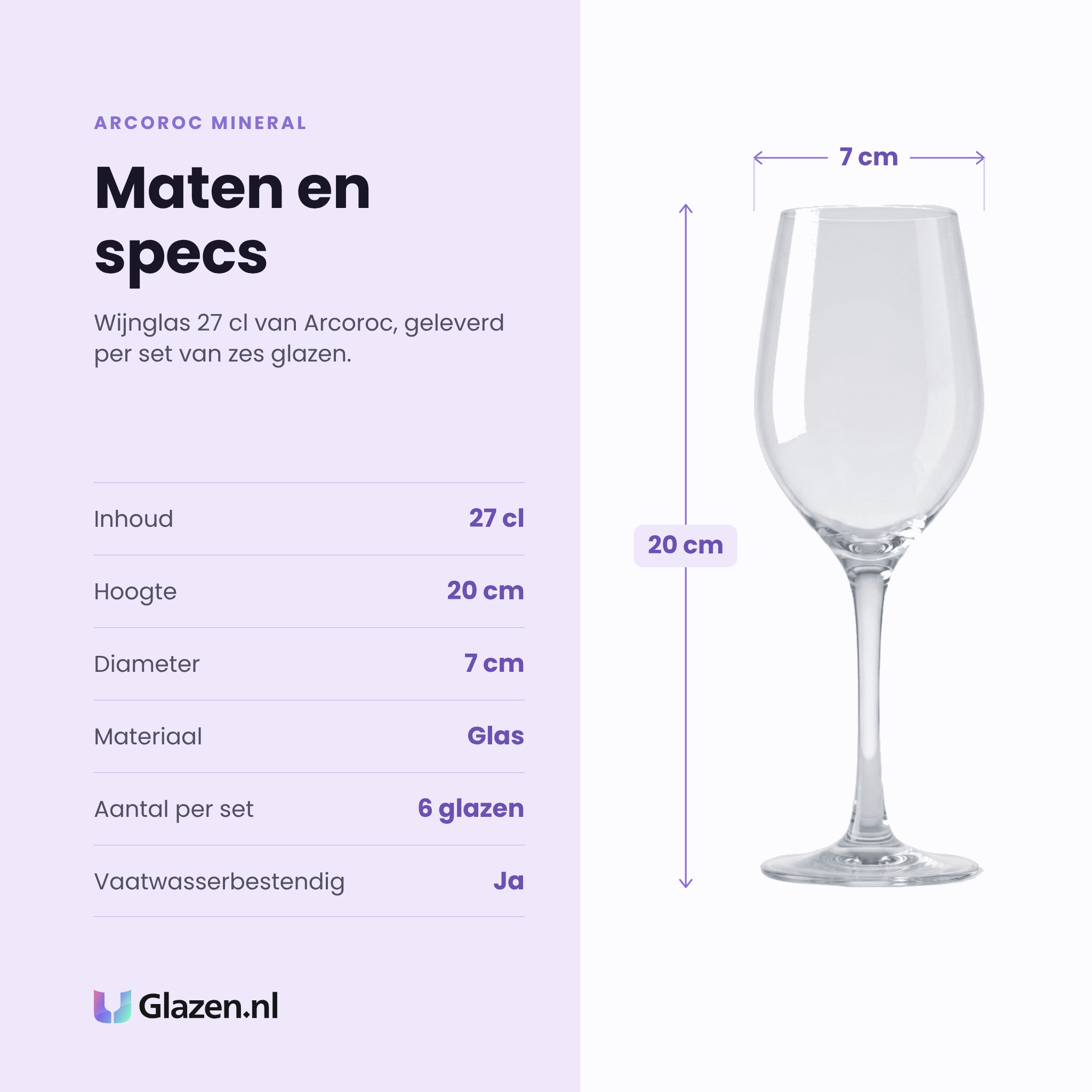 Arcoroc Mineral wijnglas 27 cl specificaties: inhoud 27 cl, hoogte 20 cm, diameter 7 cm, glas, set van 6