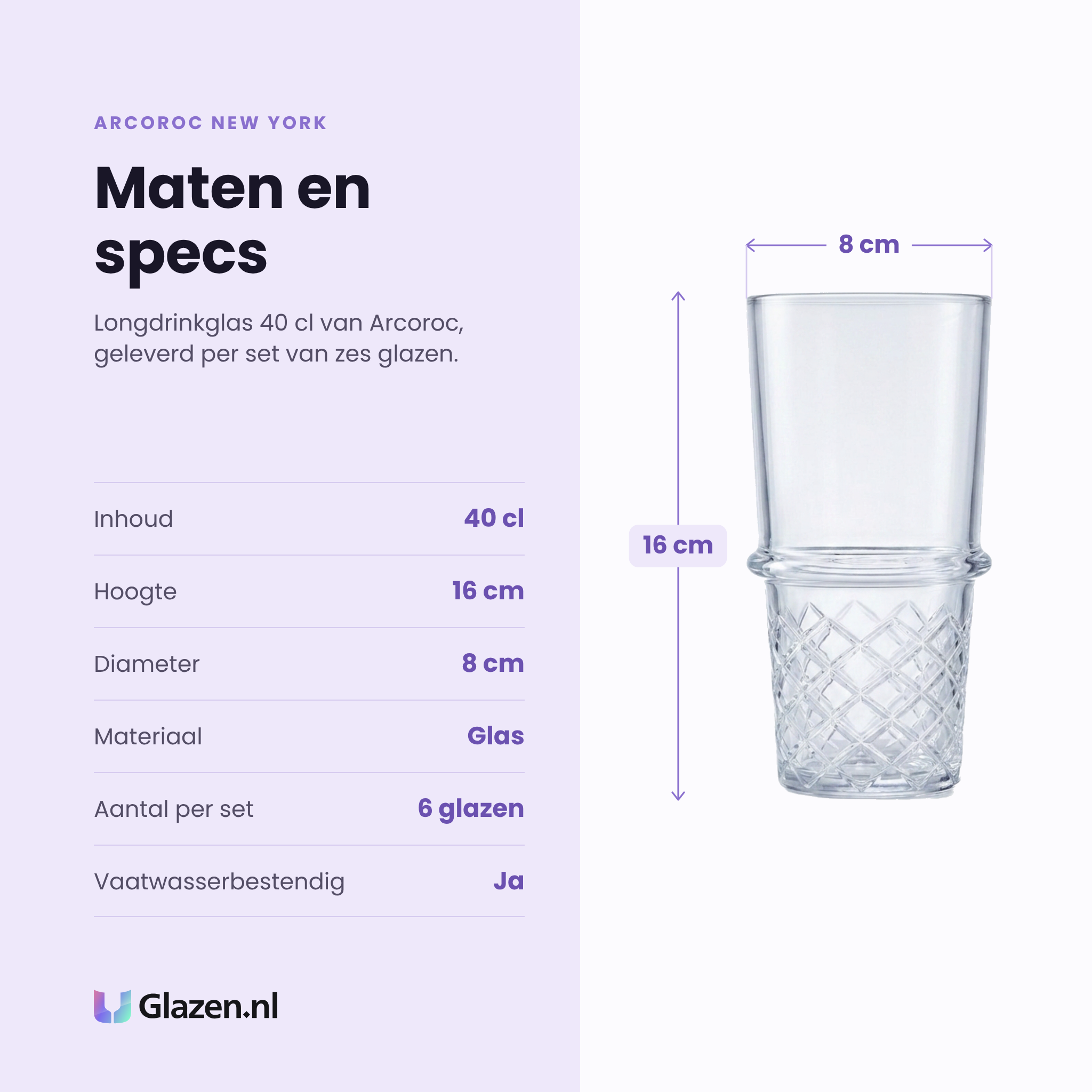 Arcoroc New York longdrinkglas 40 cl specificaties: inhoud 40 cl, hoogte 16 cm, diameter 8 cm, glas, set van 6