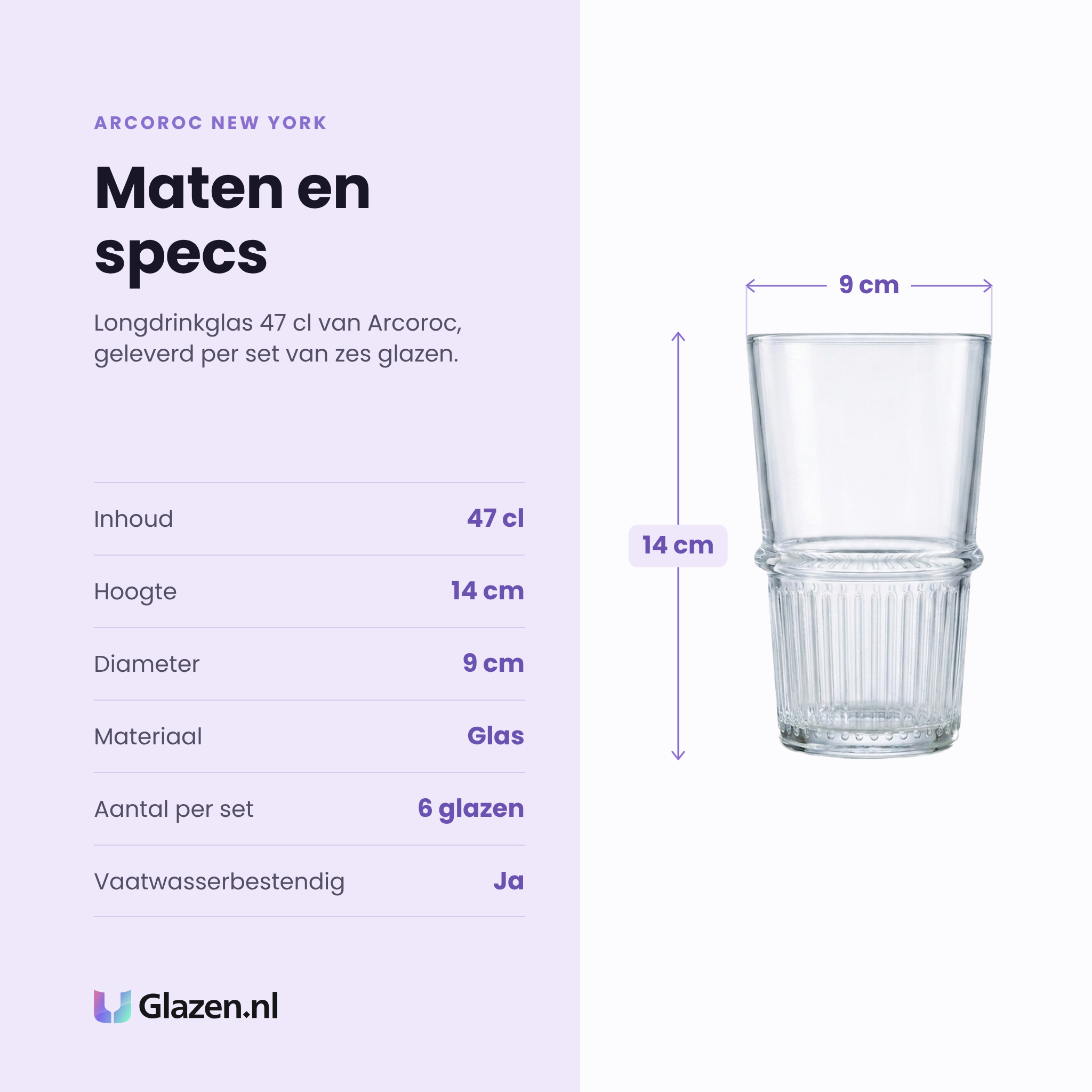 Arcoroc New York longdrinkglas 47 cl specificaties: inhoud 47 cl, hoogte 14 cm, diameter 9 cm, glas, set van 6
