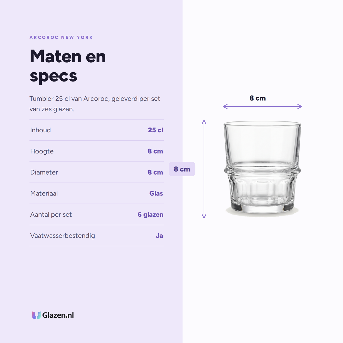 Arcoroc New York Tumbler 25 Cl specificaties: inhoud 25 cl, hoogte 8 cm, diameter 8 cm, materiaal Glas, aantal per set 6 glazen, vaatwasserbestendig Ja