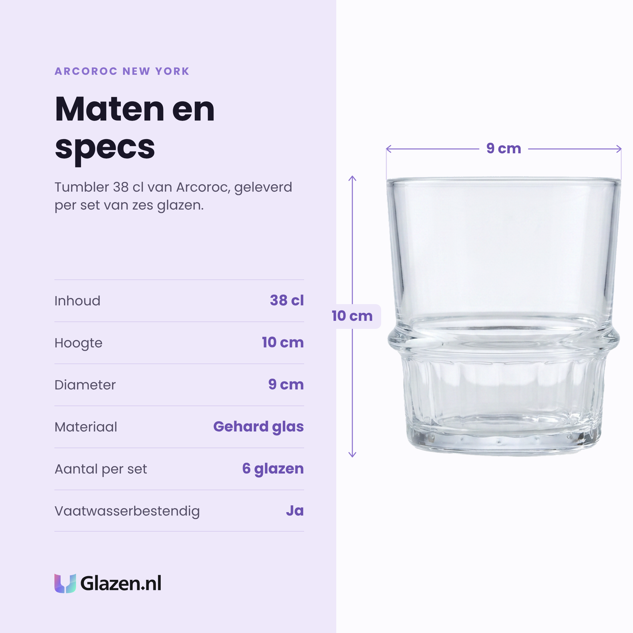 Arcoroc New York tumbler 38 cl specificaties: inhoud 38 cl, hoogte 10 cm, diameter 9 cm, gehard glas, set van 6