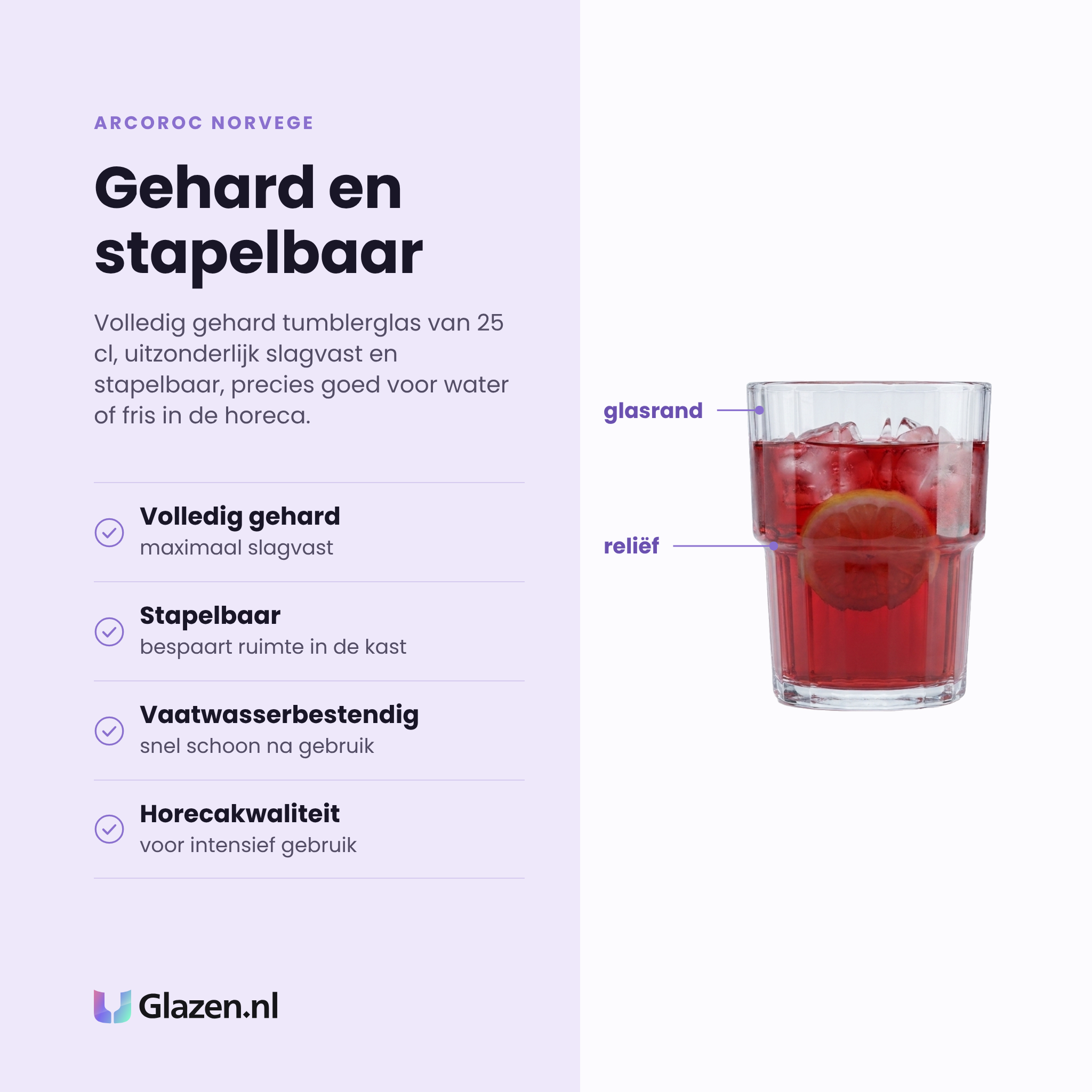 Arcoroc Norvege tumbler 25 cl eigenschappen: volledig gehard, stapelbaar, vaatwasserbestendig, horecakwaliteit