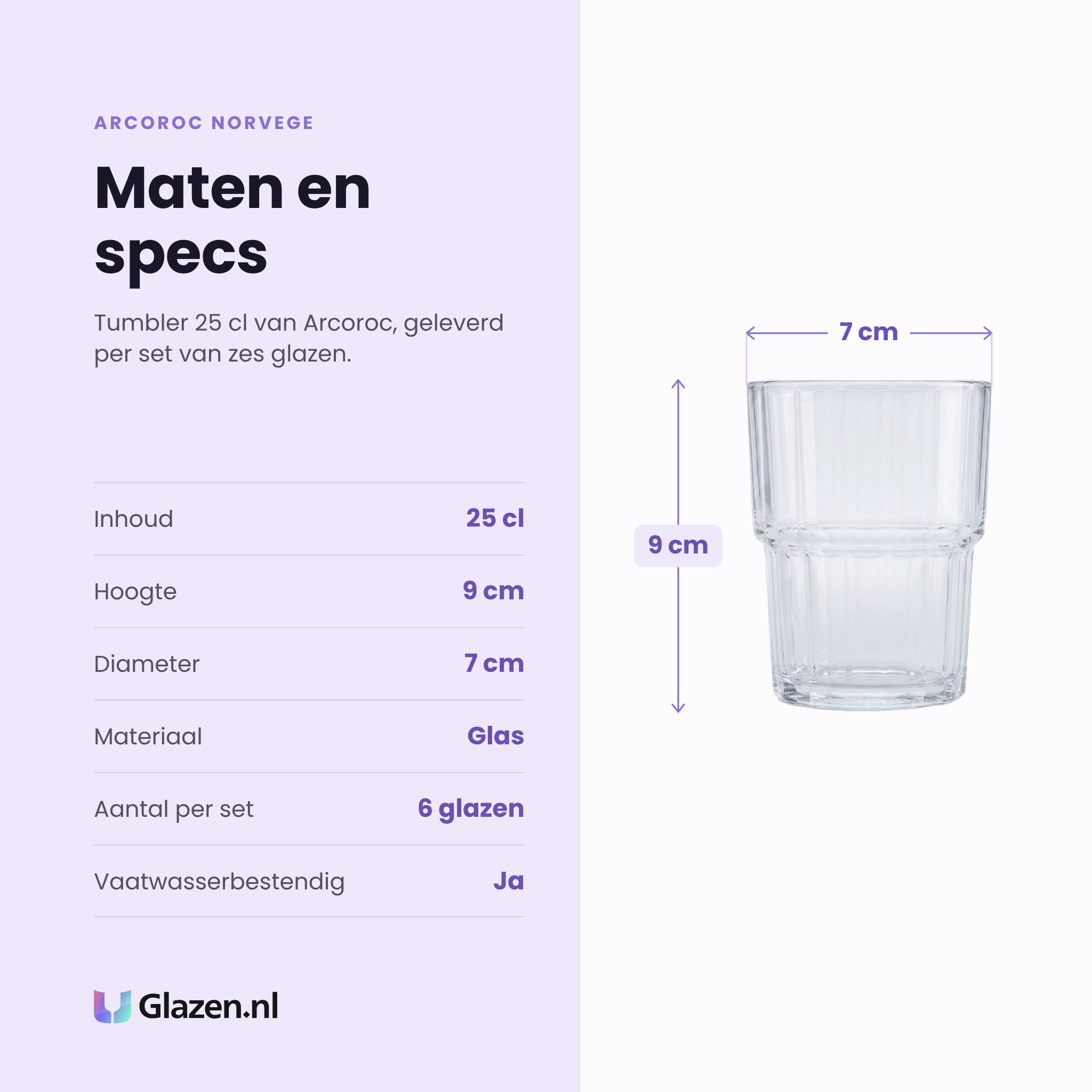 Arcoroc Norvege tumbler 25 cl specificaties: inhoud 25 cl, hoogte 9 cm, diameter 7 cm, glas, set van 6