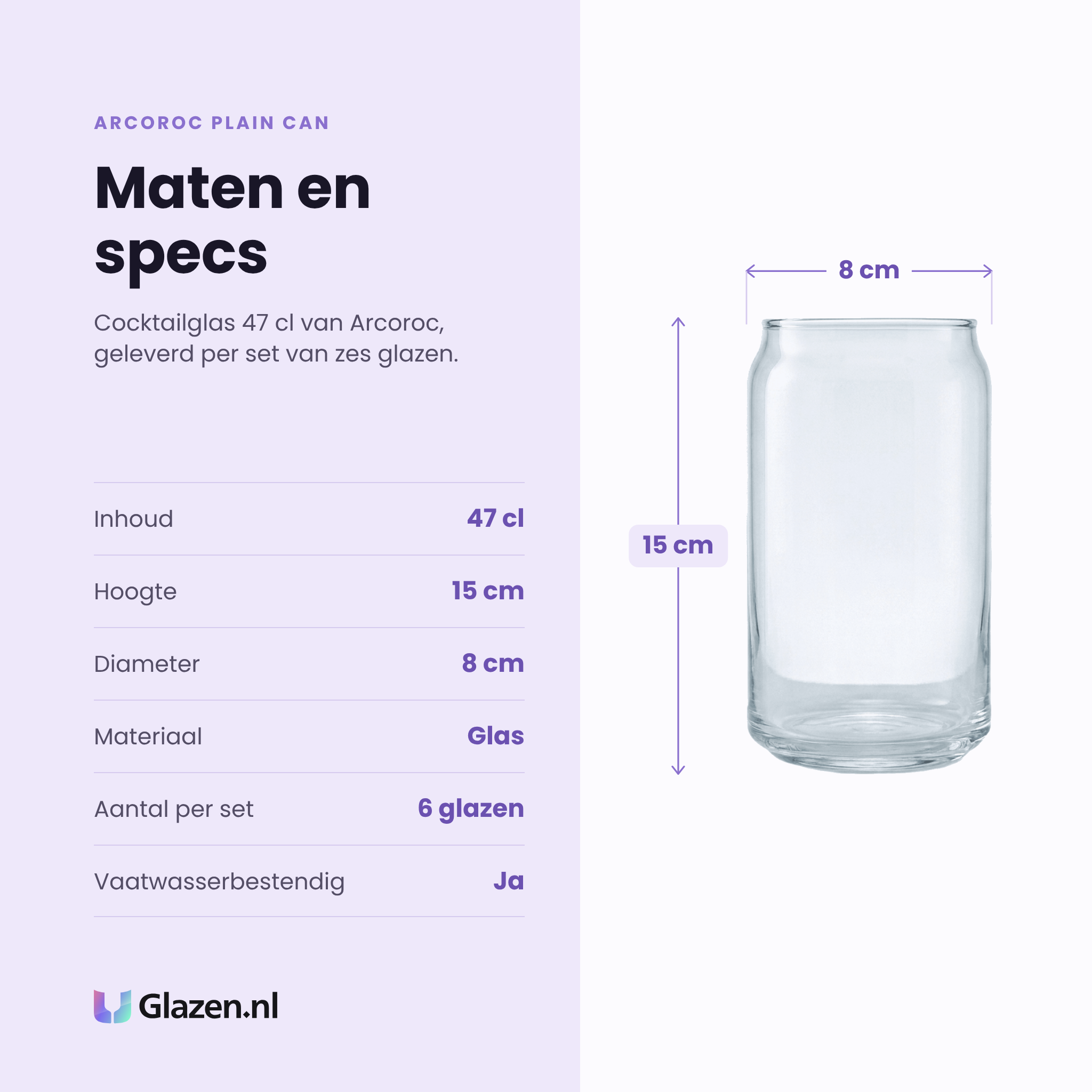 Arcoroc Plain Can cocktailglas 47 cl specificaties: inhoud 47 cl, hoogte 15 cm, diameter 8 cm, glas, set van 6