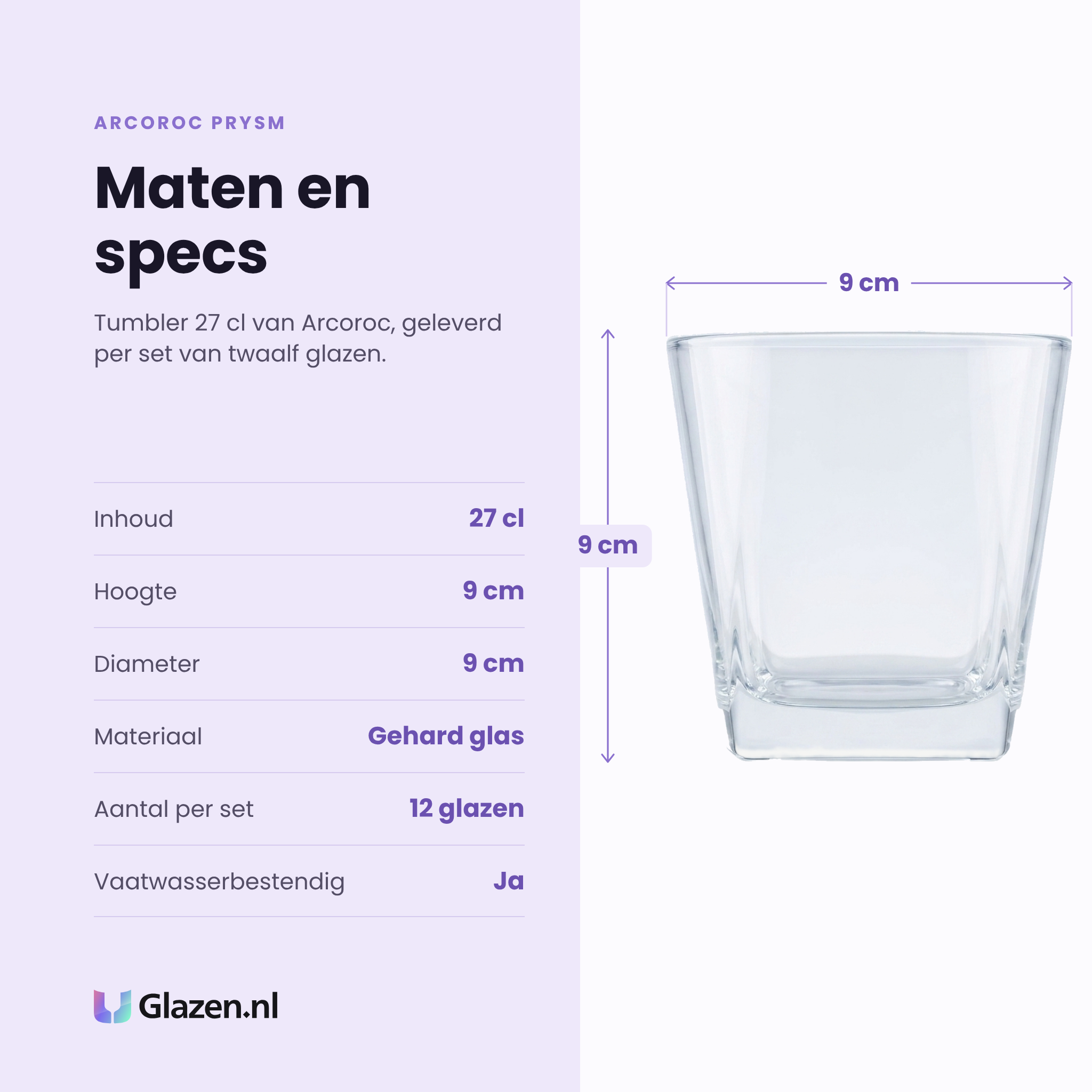 Arcoroc Prysm tumbler 27 cl specificaties: inhoud 27 cl, hoogte 9 cm, diameter 9 cm, gehard glas, set van 12