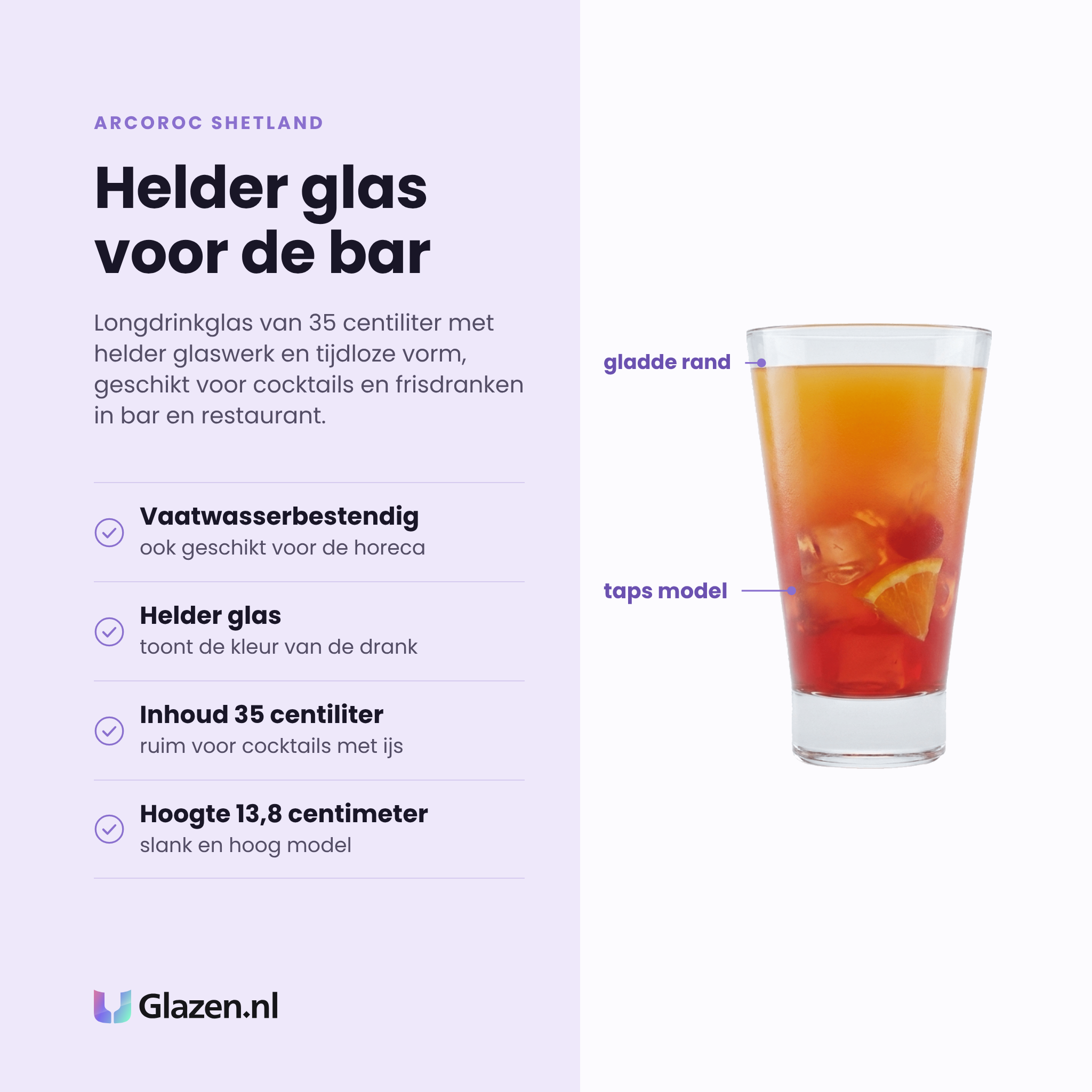 Arcoroc Shetland longdrinkglas 35 cl eigenschappen: vaatwasserbestendig, helder glas, inhoud 35 centiliter, hoogte 13,8 centimeter