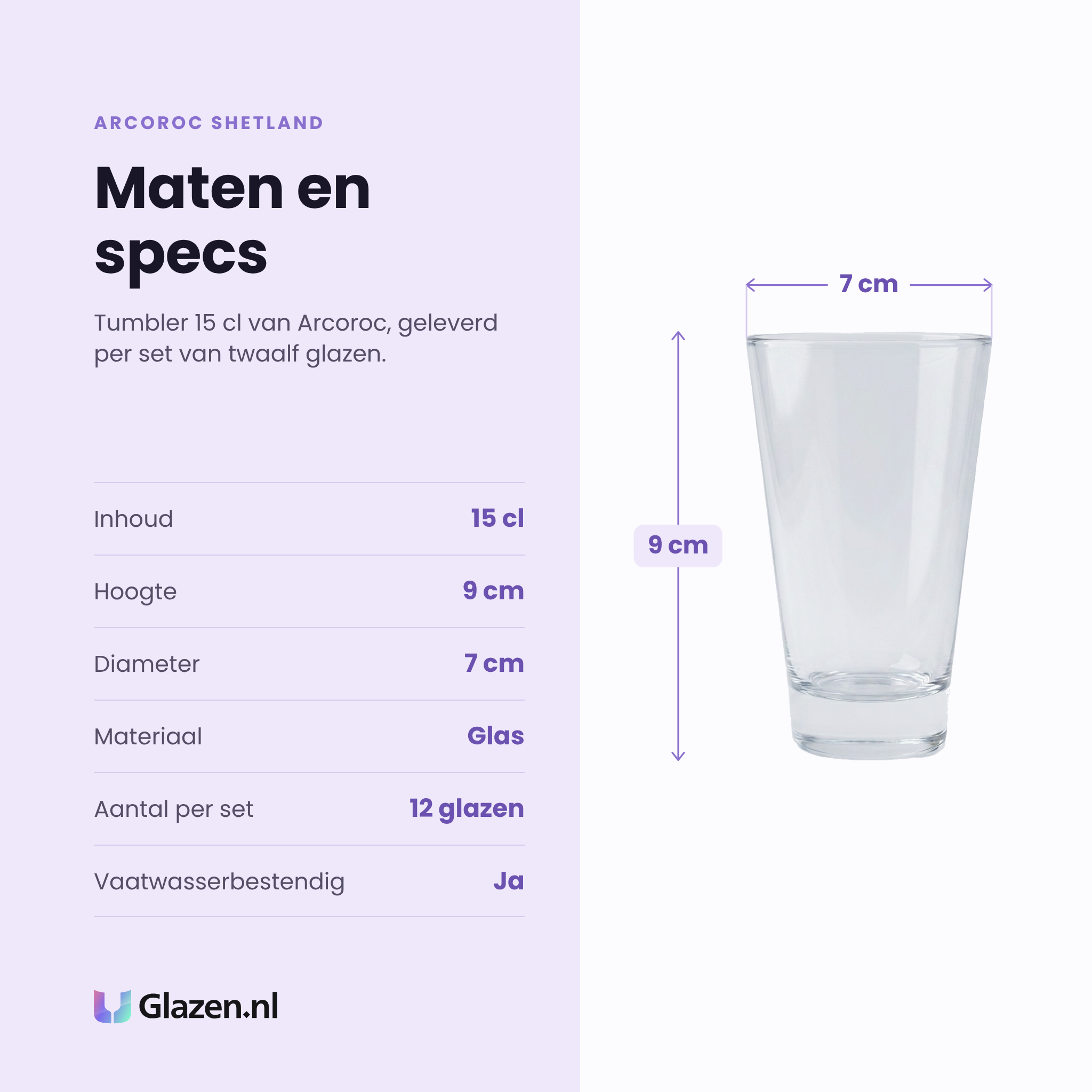 Arcoroc Shetland tumbler 15 cl specificaties: inhoud 15 cl, hoogte 9 cm, diameter 7 cm, glas, set van 12