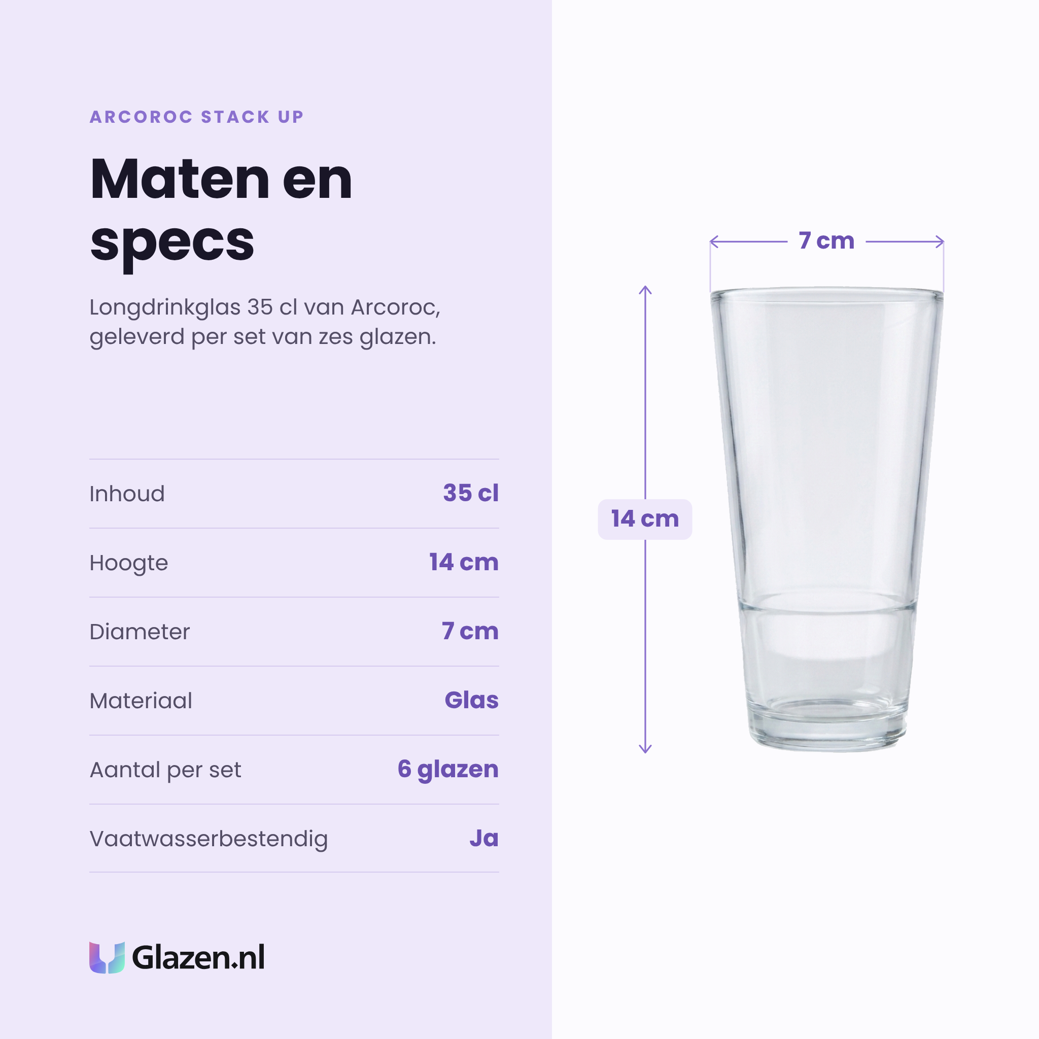Arcoroc Stack Up longdrinkglas 35 cl specificaties: inhoud 35 cl, hoogte 14 cm, diameter 7 cm, glas, set van 6