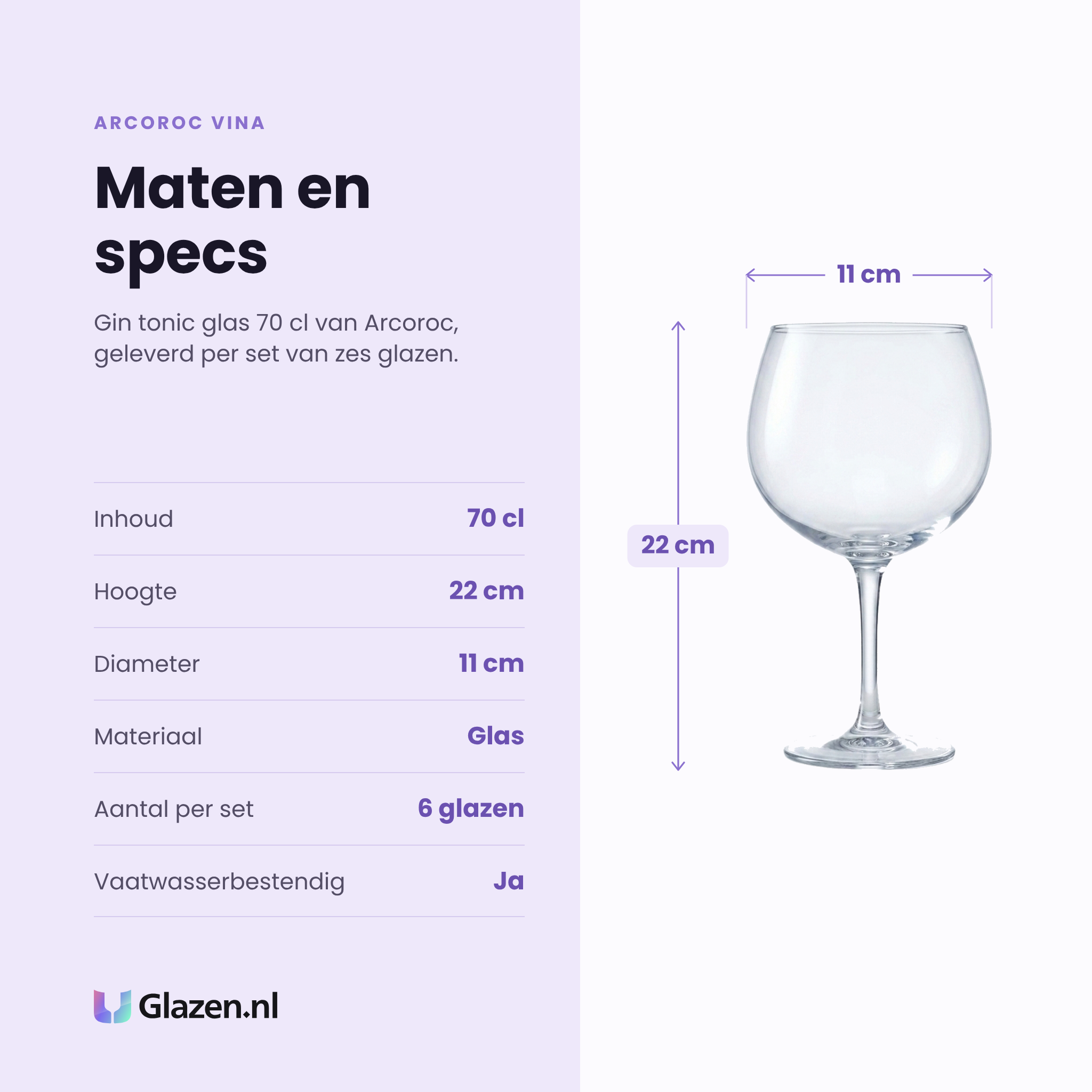 Arcoroc Vina gin tonic glas 70 cl specificaties: inhoud 70 cl, hoogte 22 cm, diameter 11 cm, glas, set van 6