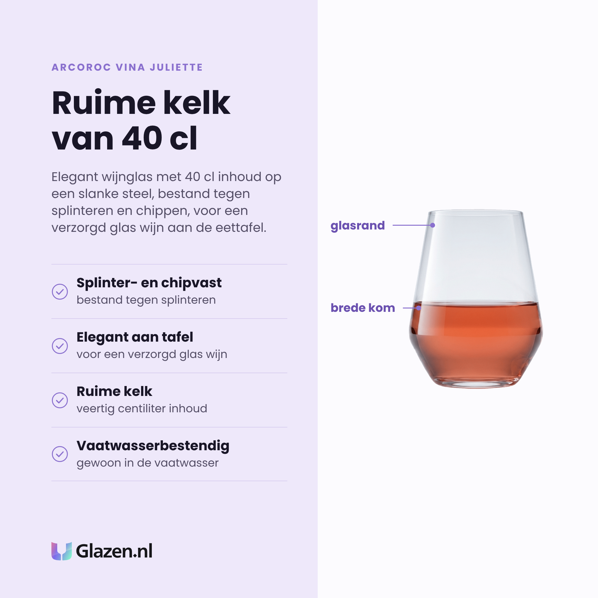 Arcoroc Vina Juliette wijnglas 40 cl eigenschappen: splinter- en chipvast, elegant aan tafel, ruime kelk, vaatwasserbestendig
