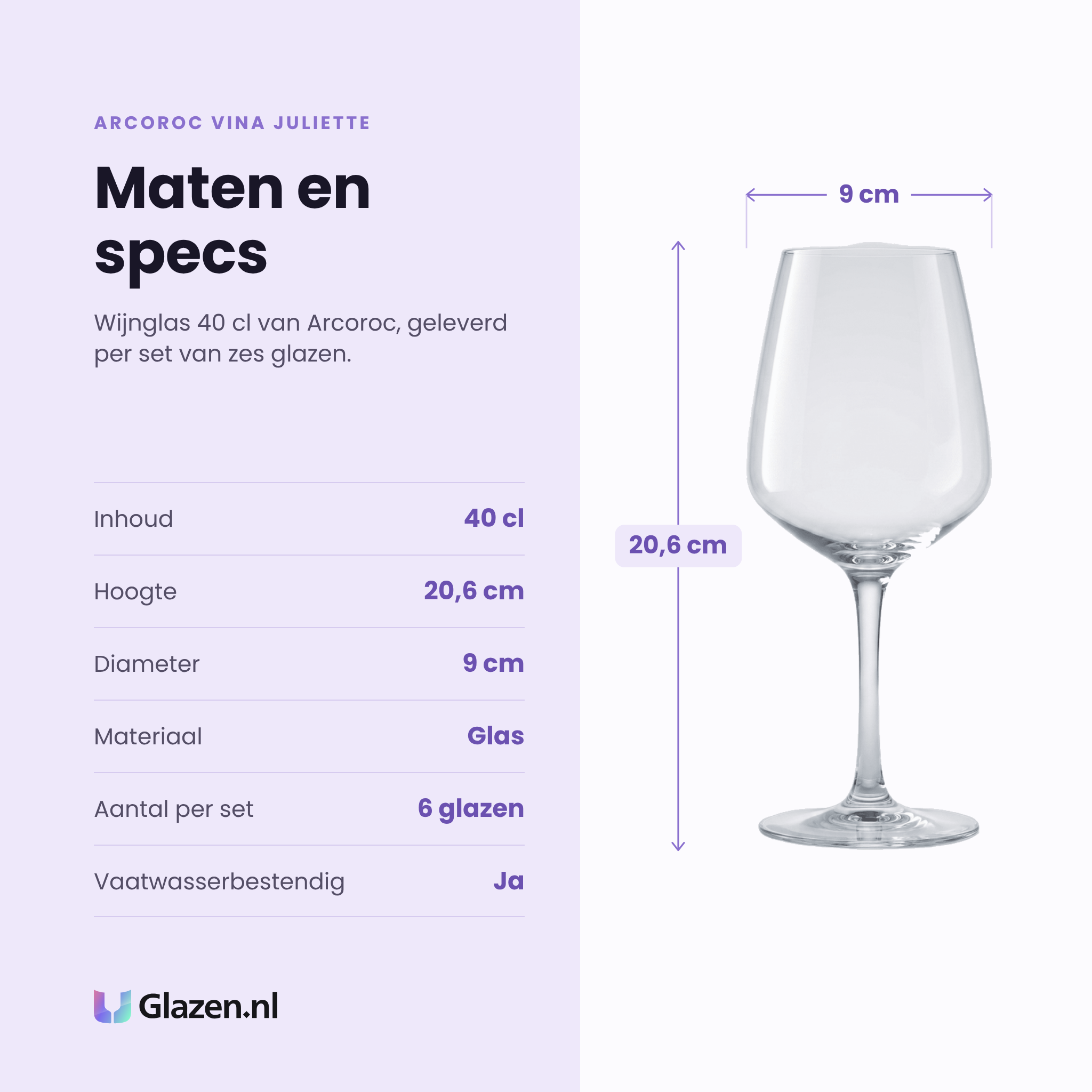 Arcoroc Vina Juliette wijnglas 40 cl specificaties: inhoud 40 cl, hoogte 20,6 cm, diameter 9 cm, glas, set van 6
