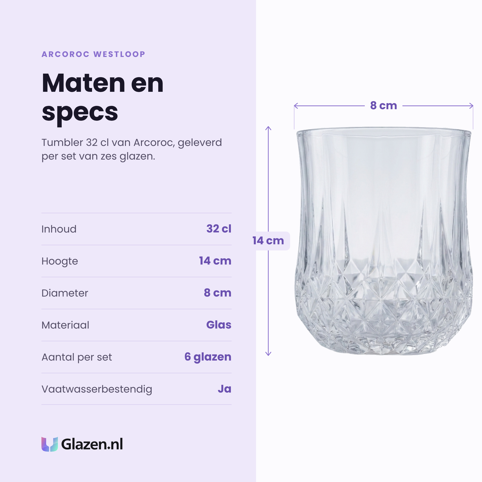 Arcoroc Westloop tumbler 32 cl specificaties: inhoud 32 cl, hoogte 14 cm, diameter 8 cm, glas, set van 6