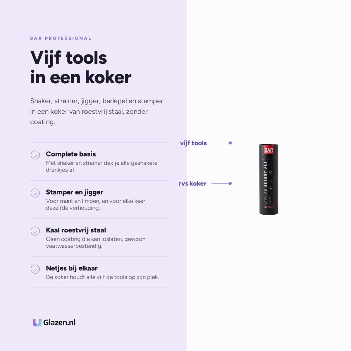 Infographic met de eigenschappen van Bar Professional Barkit RVS Cocktail Set