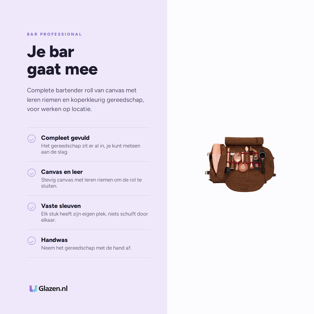 Infographic met de eigenschappen van Bar Professional Bartender Roll Compleet Koper