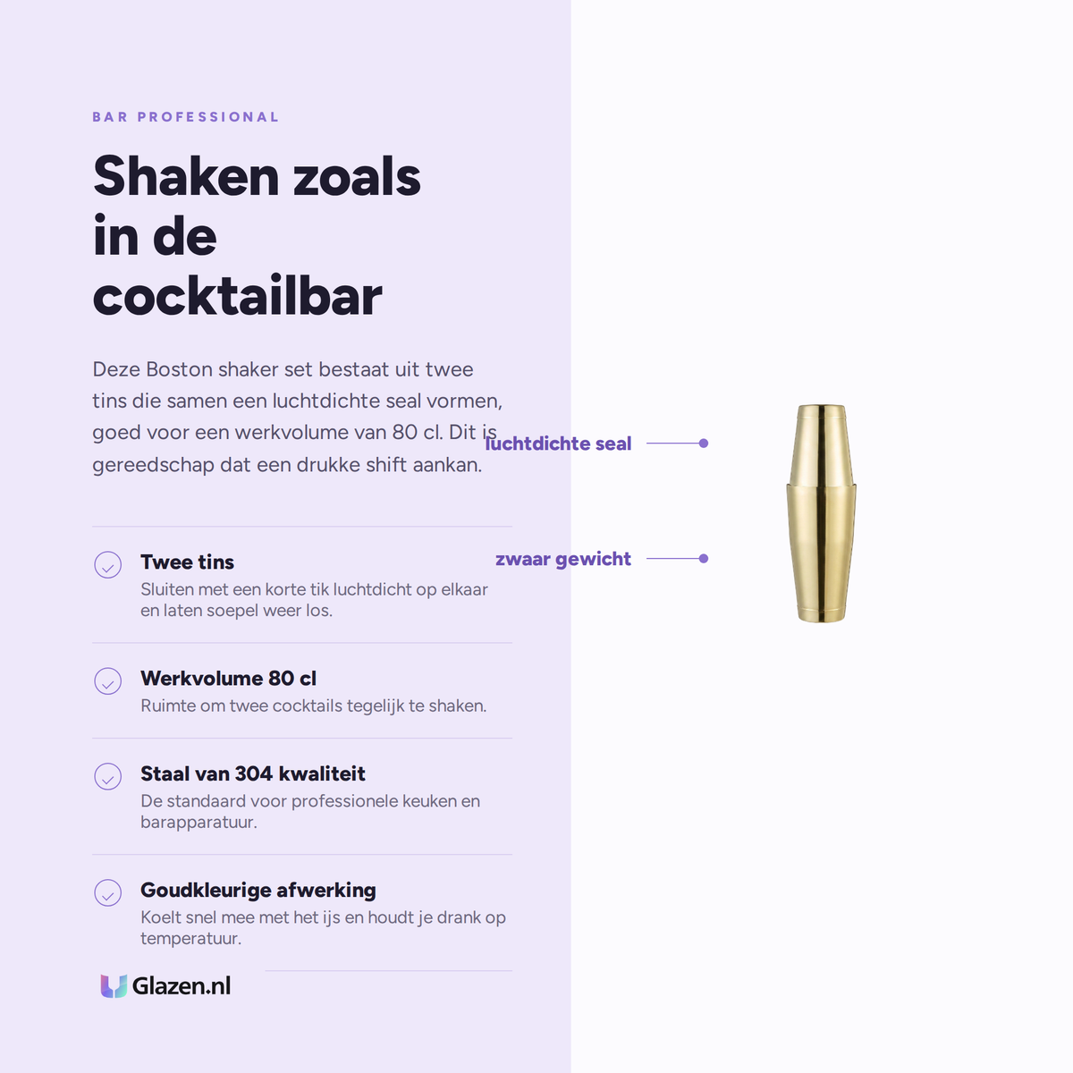 Infographic met de eigenschappen van de Bar Professional Boston Shaker Set Goud 80 Cl