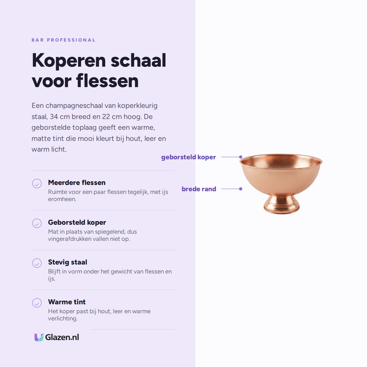 Infographic met de eigenschappen van Bar Professional Champagneschaal Koper 34 Cm