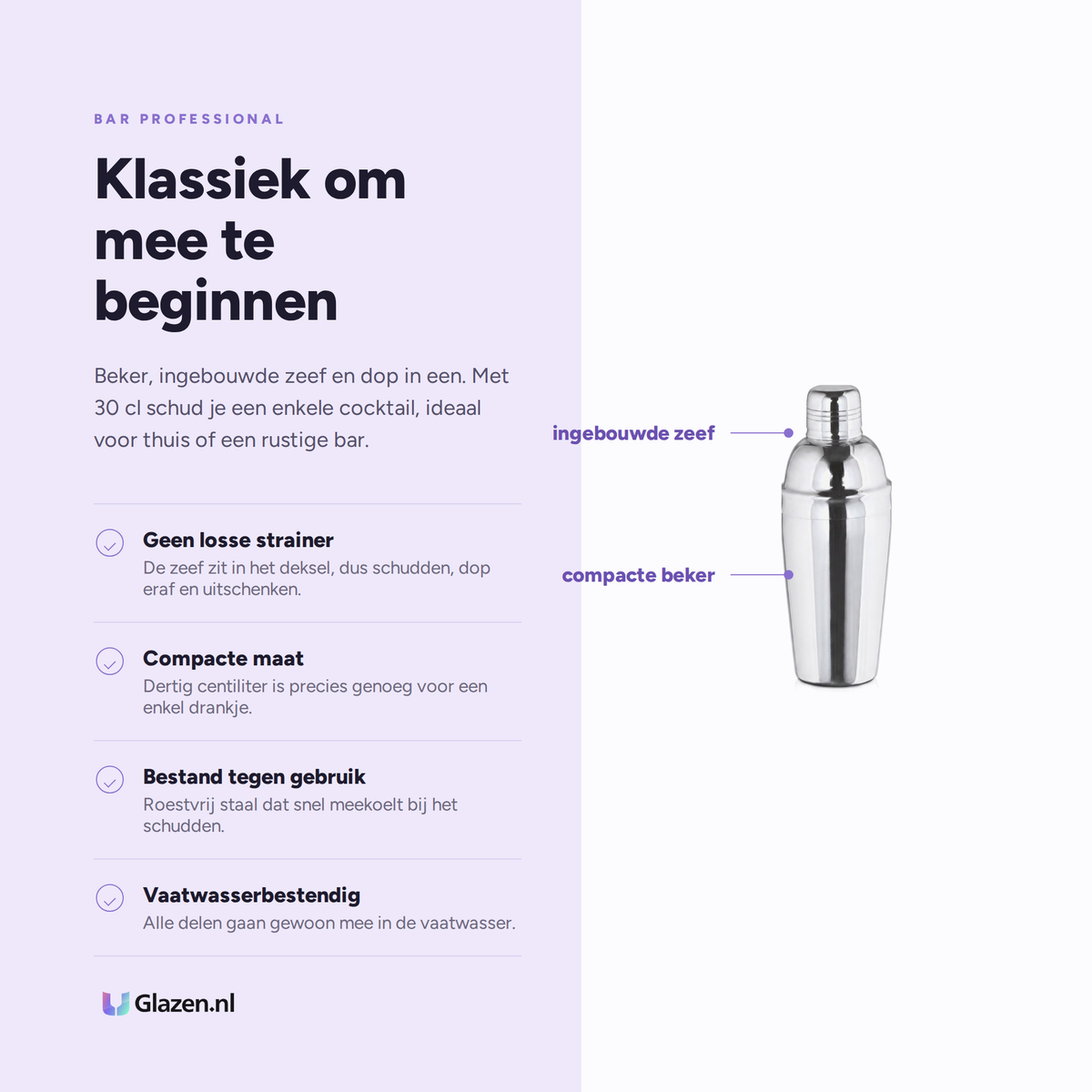 Bar Professional Cocktailshaker 3-Delig RVS 30 Cl, eigenschappen op een rij